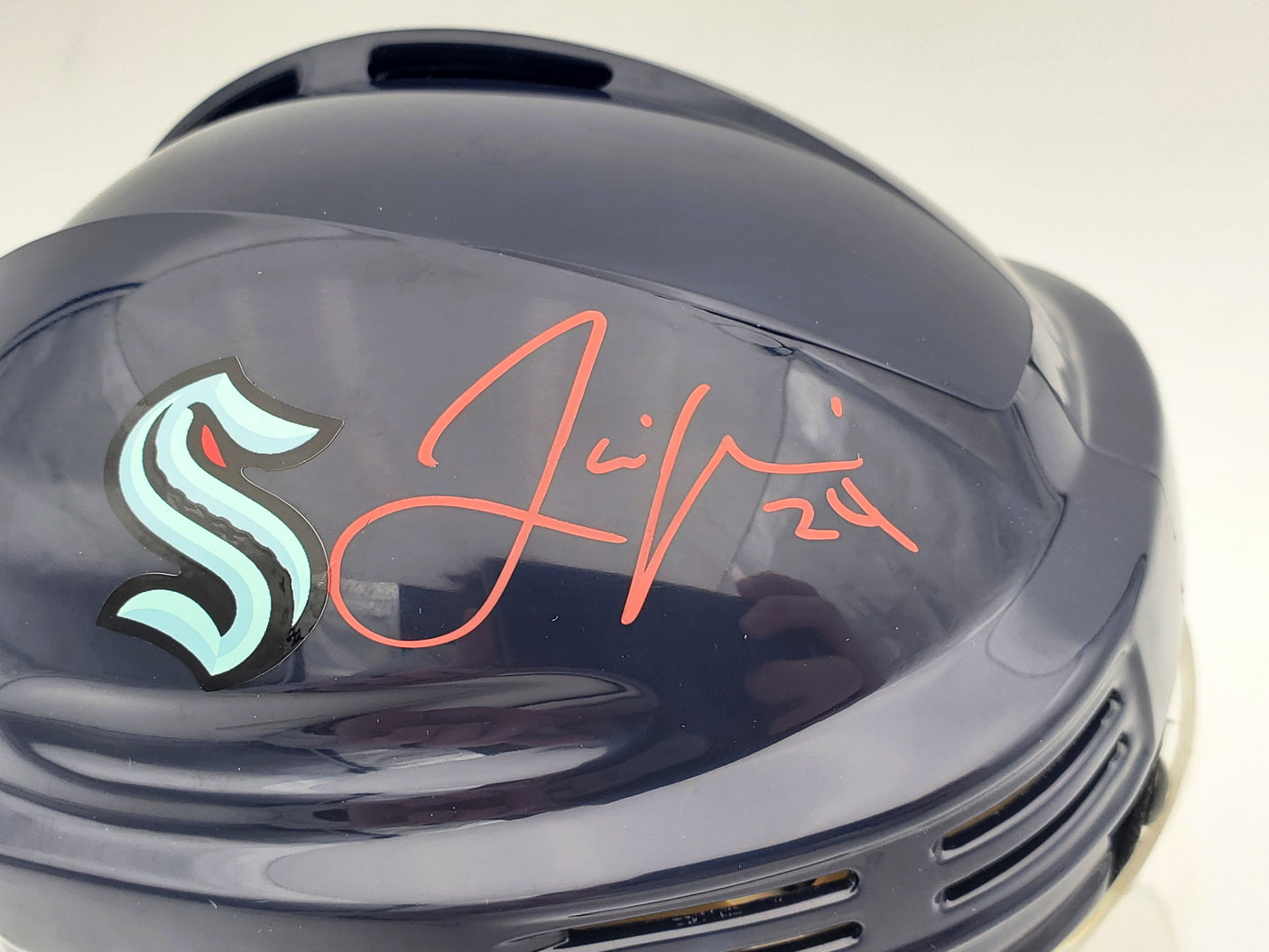 Jamie Oleksiak Autographed Seattle Kraken Blue Mini Helmet Fanatics Holo Stock #200298