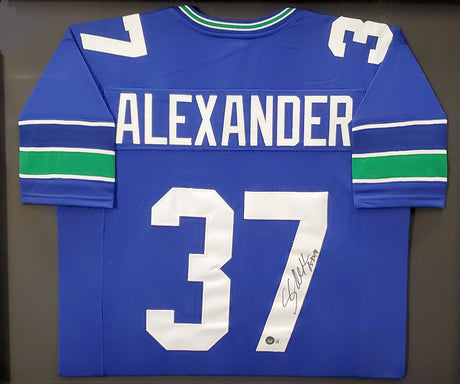 Seattle Seahawks Shaun Alexander Autographed Framed Blue Jersey Beckett BAS Stock #200433