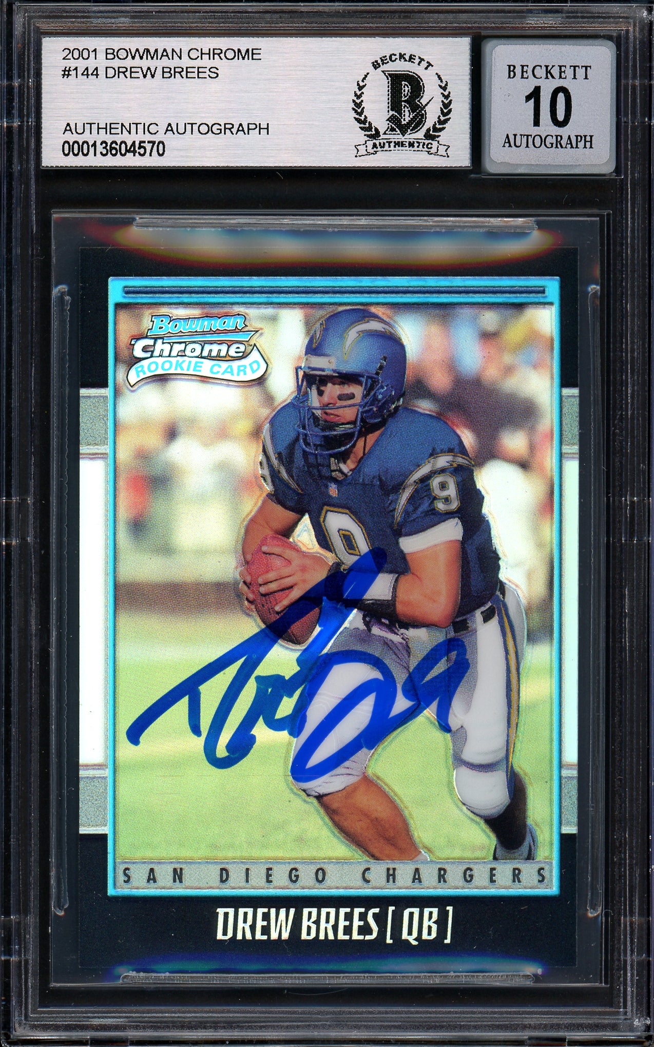 Drew Brees Autographed 2001 Bowman Chrome Refractor Rookie Card #144 San Diego Chargers Auto Grade Gem Mint 10 #962/1999 Beckett BAS #13604570