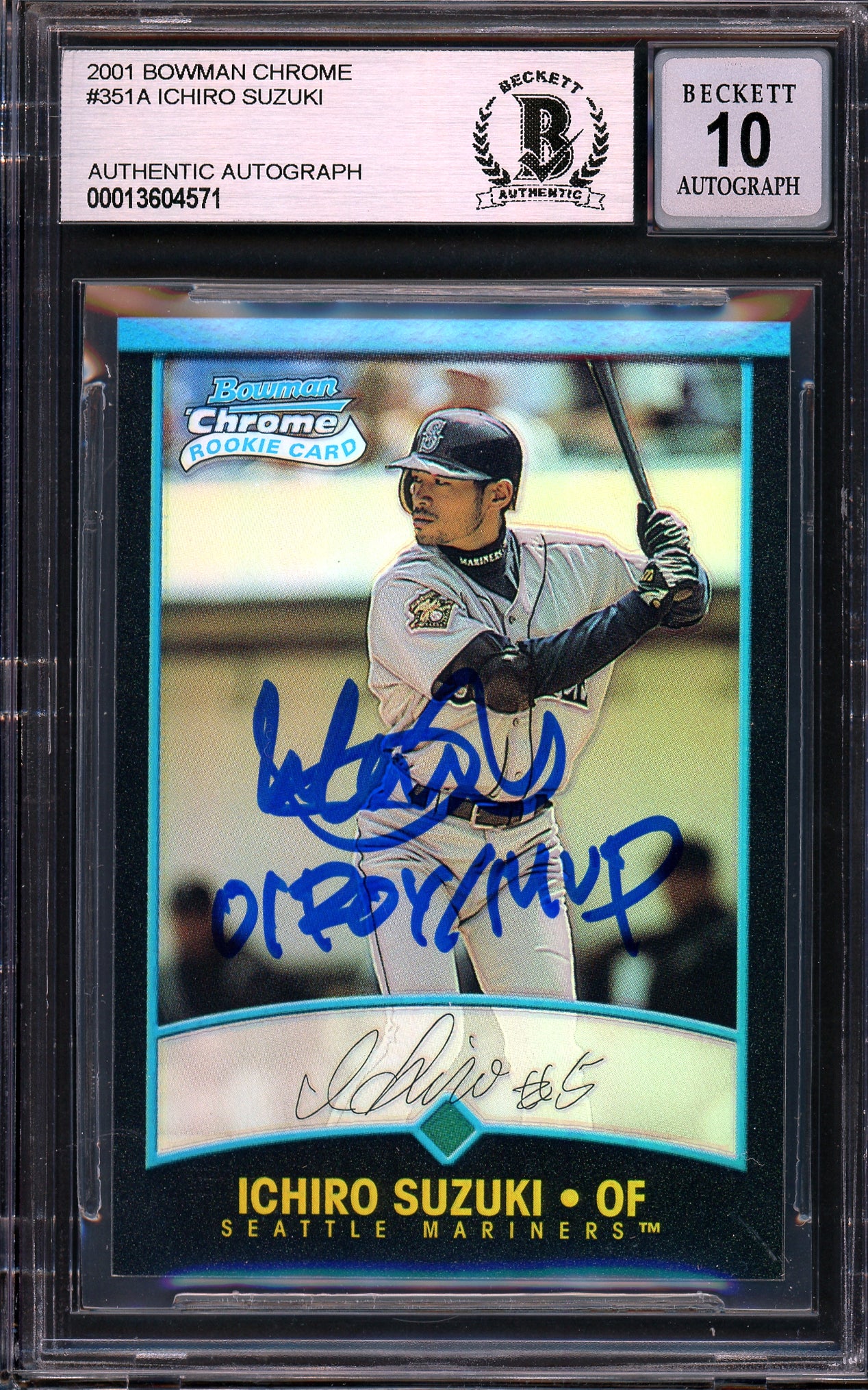 Ichiro Suzuki Autographed 2001 Bowman Chrome Refractor English Rookie Card #351 Seattle Mariners Auto Grade Gem Mint 10 "01 ROY/MVP" (Creases On Back) Beckett BAS #13604571