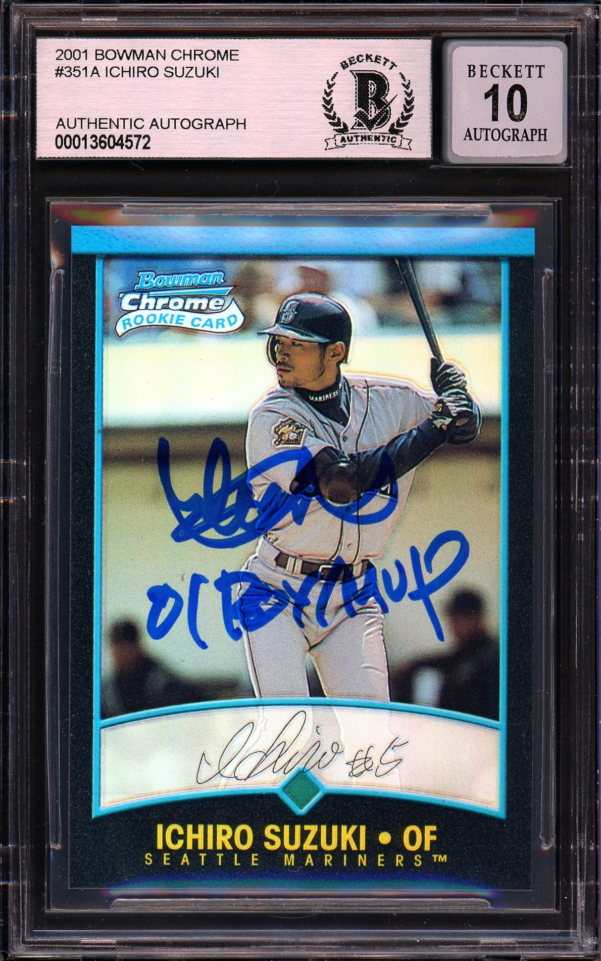 Ichiro Suzuki Autographed 2001 Bowman Chrome Refractor English Rookie Card #351 Seattle Mariners Auto Grade Gem Mint 10 "01 ROY/MVP" Beckett BAS #13604572