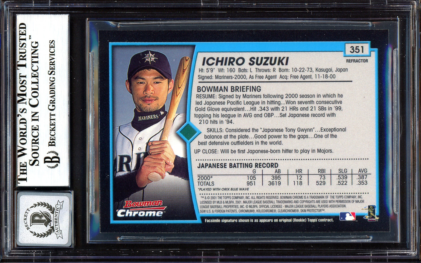 Ichiro Suzuki Autographed 2001 Bowman Chrome Refractor English Rookie Card #351 Seattle Mariners Auto Grade Gem Mint 10 "01 ROY/MVP" Beckett BAS #13604572