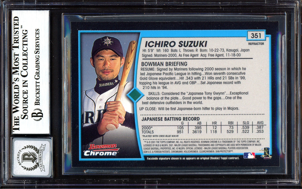 Ichiro Suzuki Autographed 2001 Bowman Chrome Refractor English Rookie Card #351 Seattle Mariners Auto Grade Gem Mint 10 "01 ROY/MVP" Beckett BAS #13604572