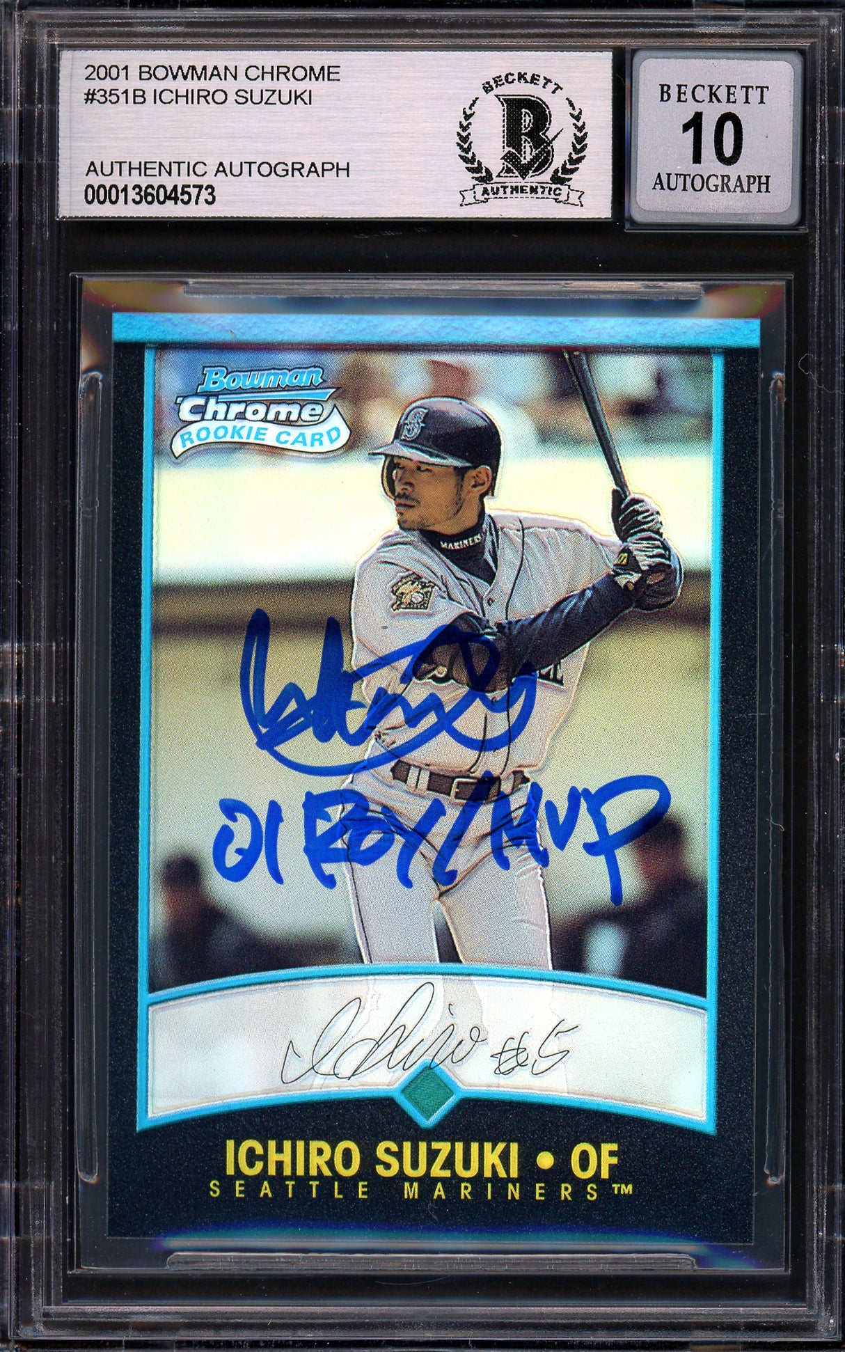 Ichiro Suzuki Autographed 2001 Bowman Chrome Refractor Japanese Rookie Card #351 Seattle Mariners Auto Grade Gem Mint 10 "01 ROY/MVP" Beckett BAS #13604573