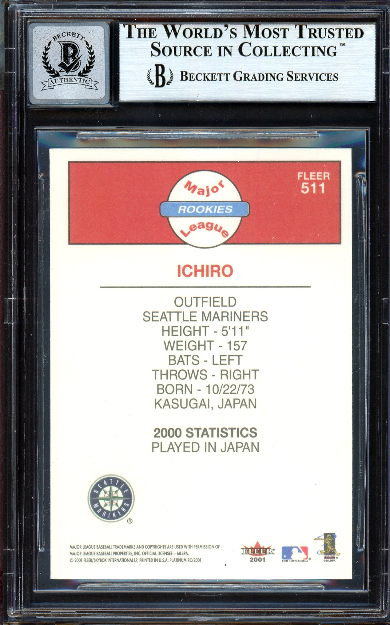 Ichiro Suzuki Autographed 2001 Fleer Platinum Rookie Card #511 Seattle Mariners Auto Grade Gem Mint 10 Beckett BAS #13604640