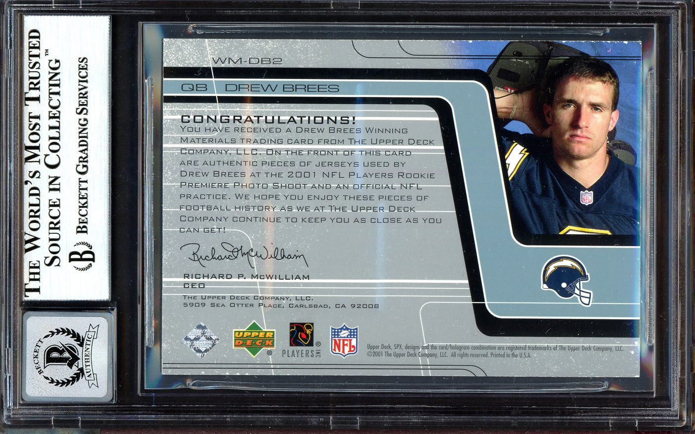 Drew Brees Autographed 2001 SPX Winning Materials Rookie Card #WM-DB2 San Diego Chargers Auto Grade Gem Mint 10 Jersey Relic 112/250 Beckett BAS #13604667