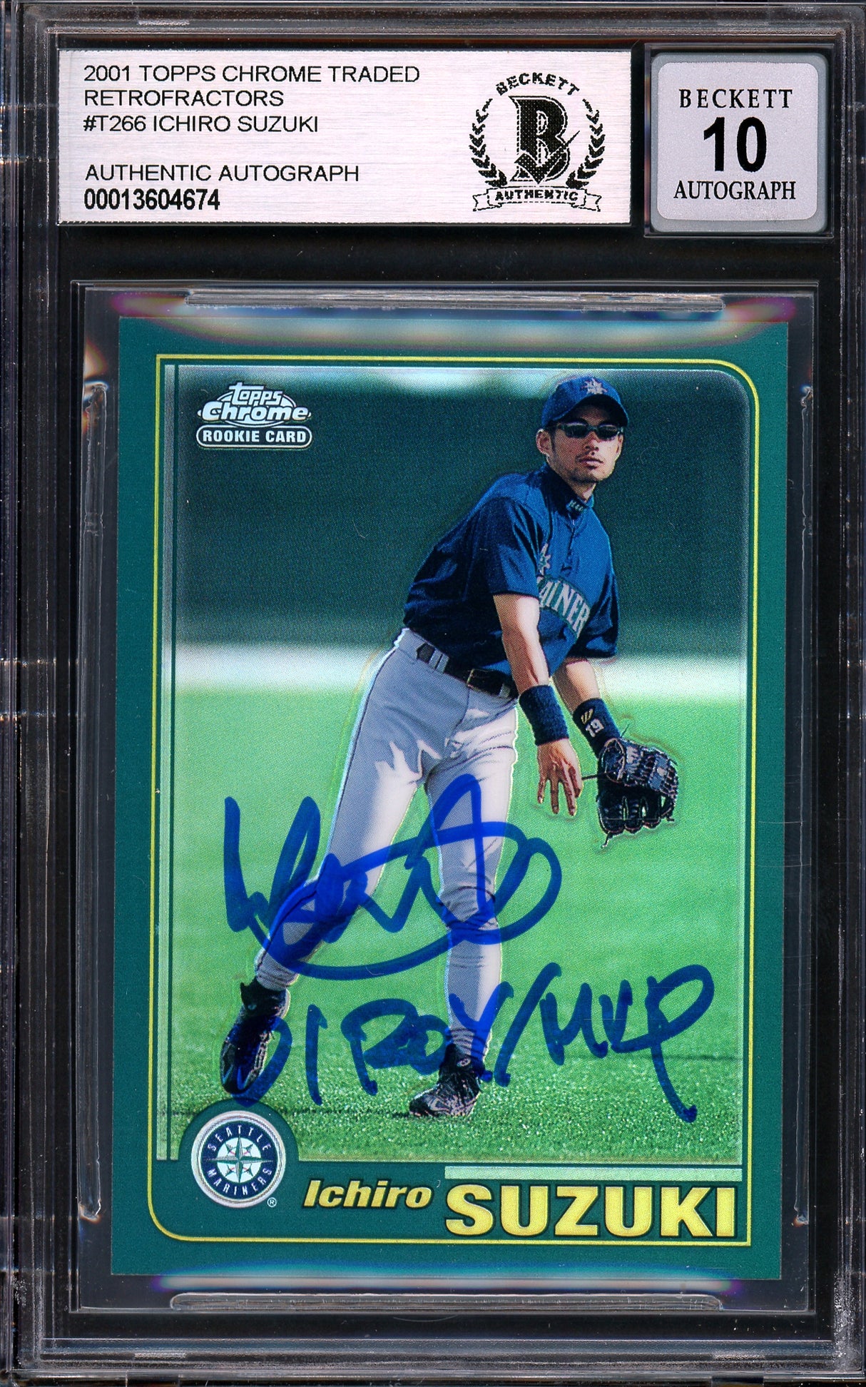 Ichiro Suzuki Autographed 2001 Topps Chrome Retrofractor Rookie Card #T266 Seattle Mariners Auto Grade Gem Mint 10 "01 ROY/MVP" Beckett BAS #13604674