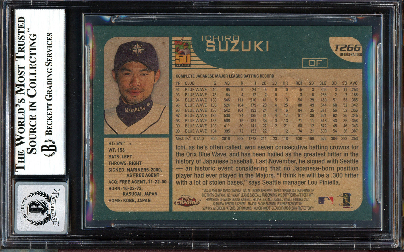 Ichiro Suzuki Autographed 2001 Topps Chrome Retrofractor Rookie Card #T266 Seattle Mariners Auto Grade Gem Mint 10 "01 ROY/MVP" Beckett BAS #13604674