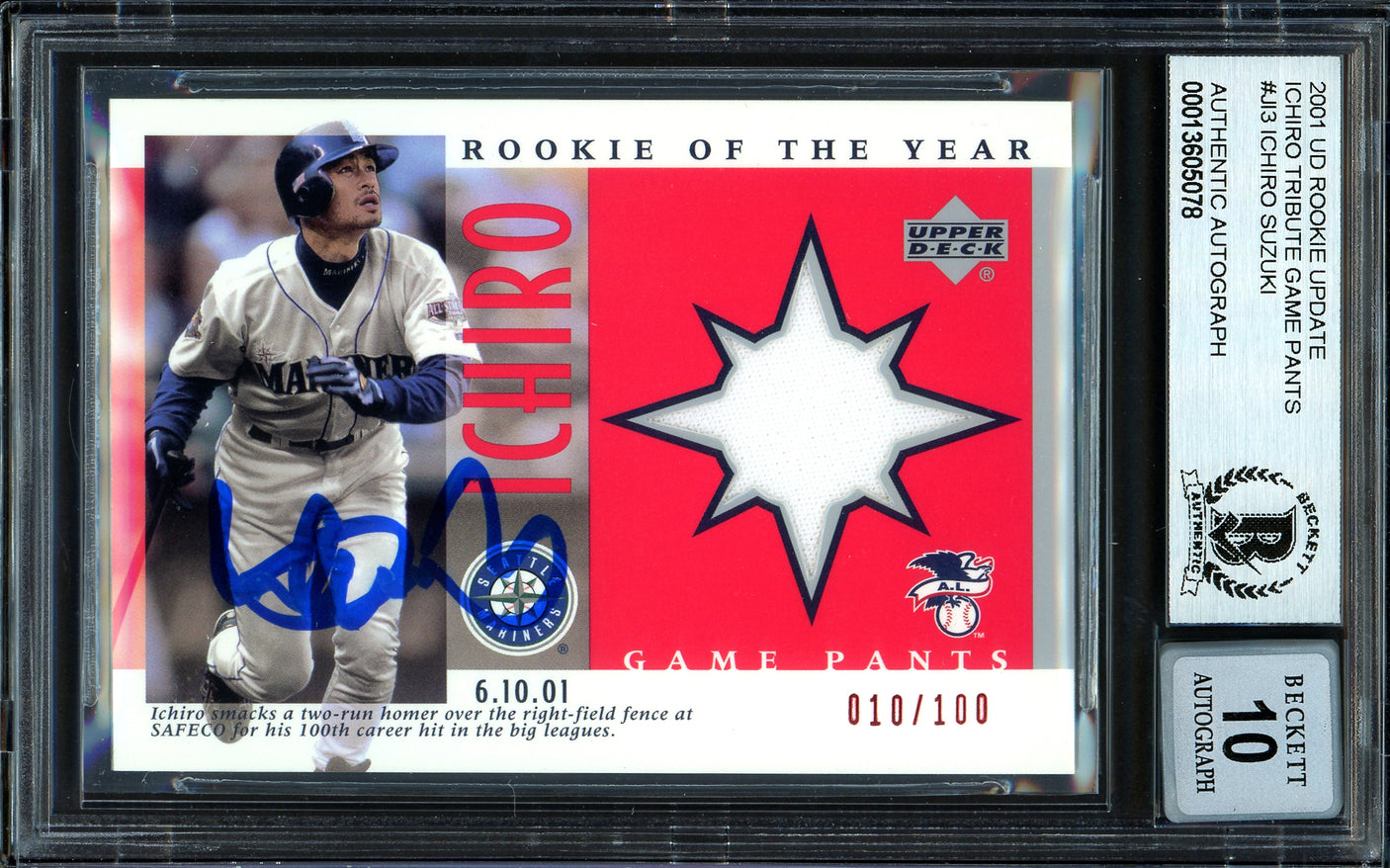 Ichiro Suzuki Autographed 2001 UD Game Used Jersey Card #J-13 Seattle Mariners Auto Grade Gem Mint 10 #10/100 Beckett BAS #13605078