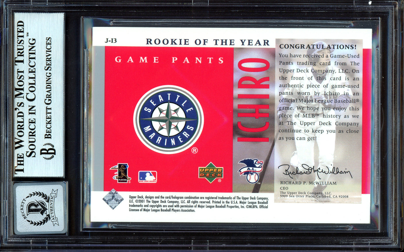 Ichiro Suzuki Autographed 2001 UD Game Used Jersey Card #J-13 Seattle Mariners Auto Grade Gem Mint 10 #10/100 Beckett BAS #13605078