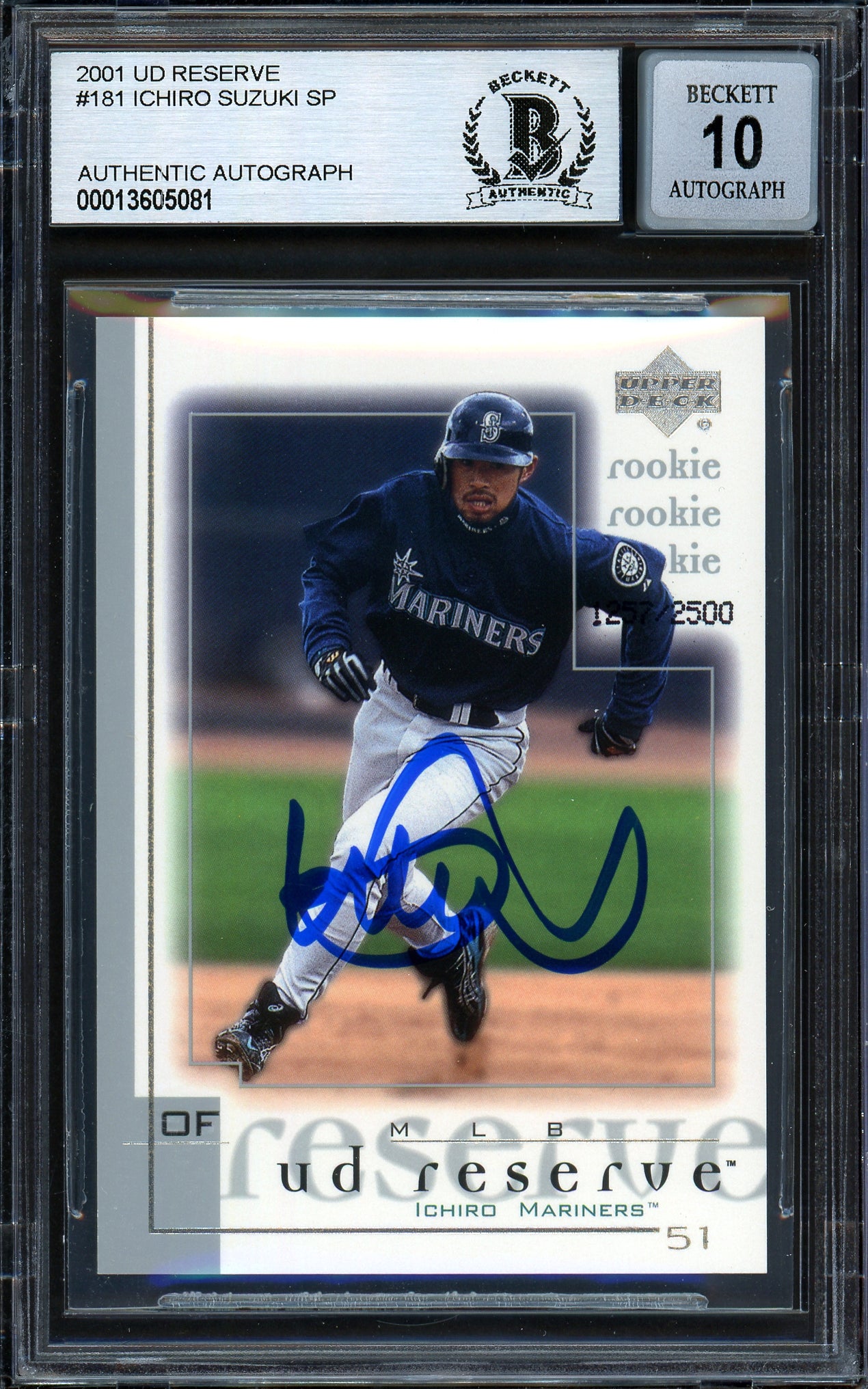 Ichiro Suzuki Autographed 2001 UD Reserve Rookie Card #181 Seattle Mariners Auto Grade Gem Mint 10 #1257/2500 Beckett BAS #13605081