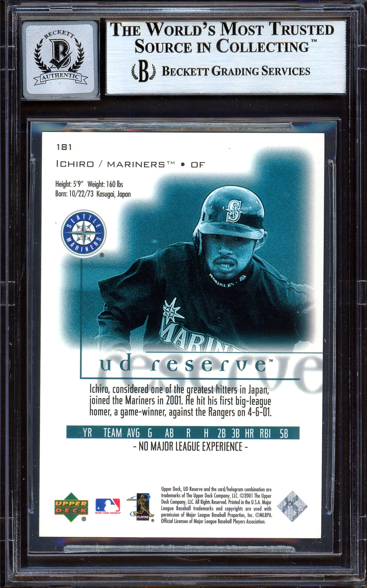 Ichiro Suzuki Autographed 2001 UD Reserve Rookie Card #181 Seattle Mariners Auto Grade Gem Mint 10 #1257/2500 Beckett BAS #13605081
