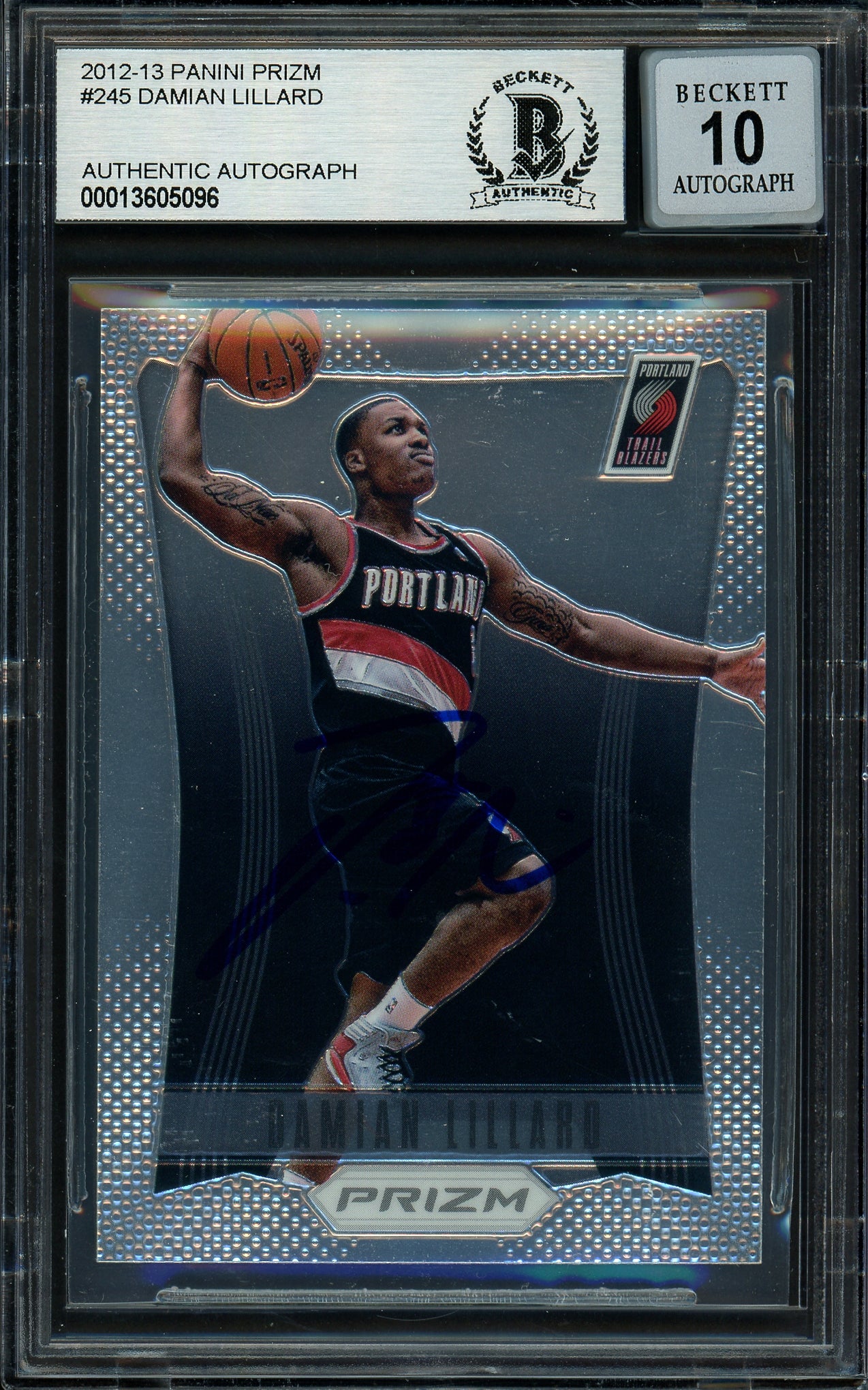 Damian Lillard Autographed 2012-13 Panini Prizm Rookie Card #245 Portland Trail Blazers Auto Grade Gem Mint 10 On Card Beckett BAS #13605096