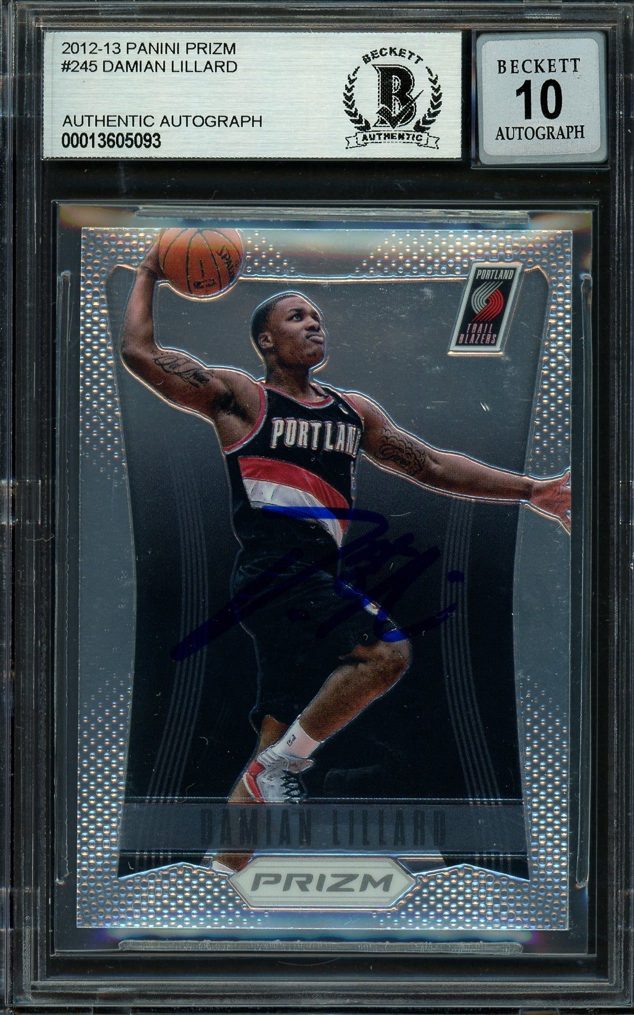 Damian Lillard Autographed 2012-13 Panini Prizm Rookie Card #245 Portland Trail Blazers Auto Grade Gem Mint 10 On Card Beckett BAS #13605093
