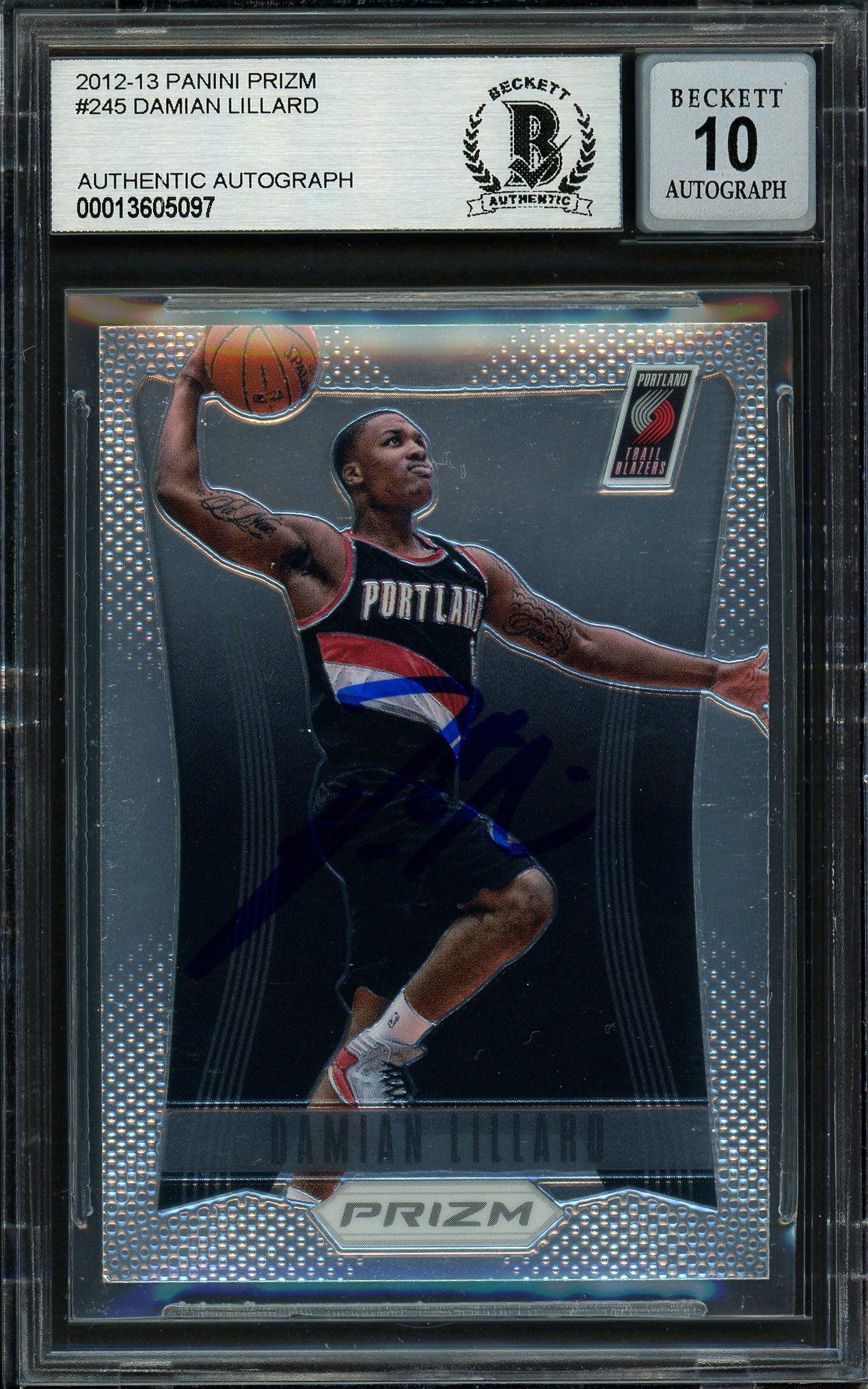 Damian Lillard Autographed 2012-13 Panini Prizm Rookie Card #245 Portland Trail Blazers Auto Grade Gem Mint 10 On Card Beckett BAS #13605097