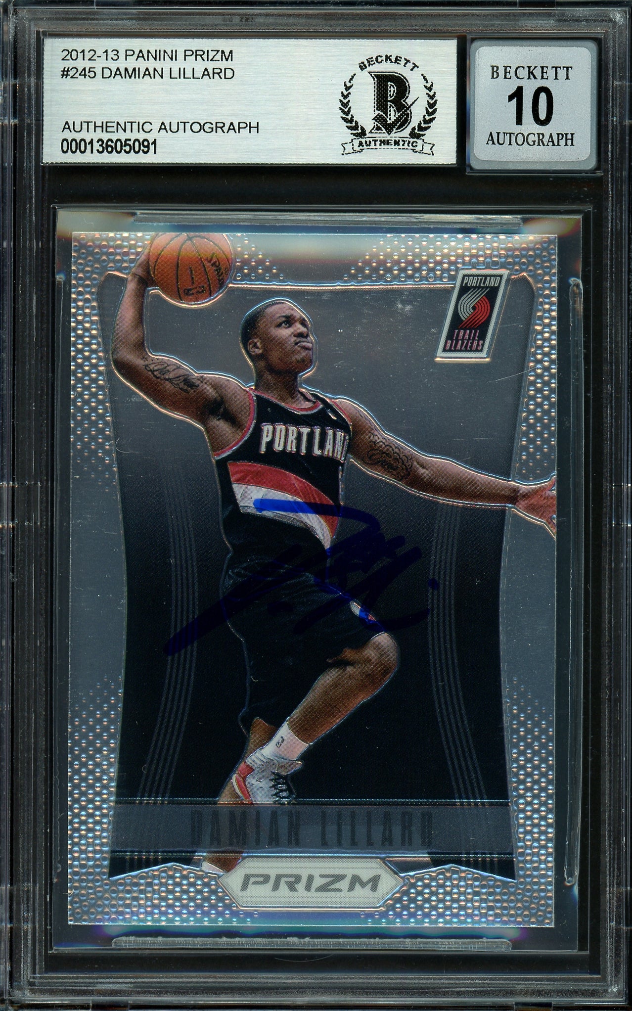 Damian Lillard Autographed 2012-13 Panini Prizm Rookie Card #245 Portland Trail Blazers Auto Grade Gem Mint 10 On Card Beckett BAS #13605091