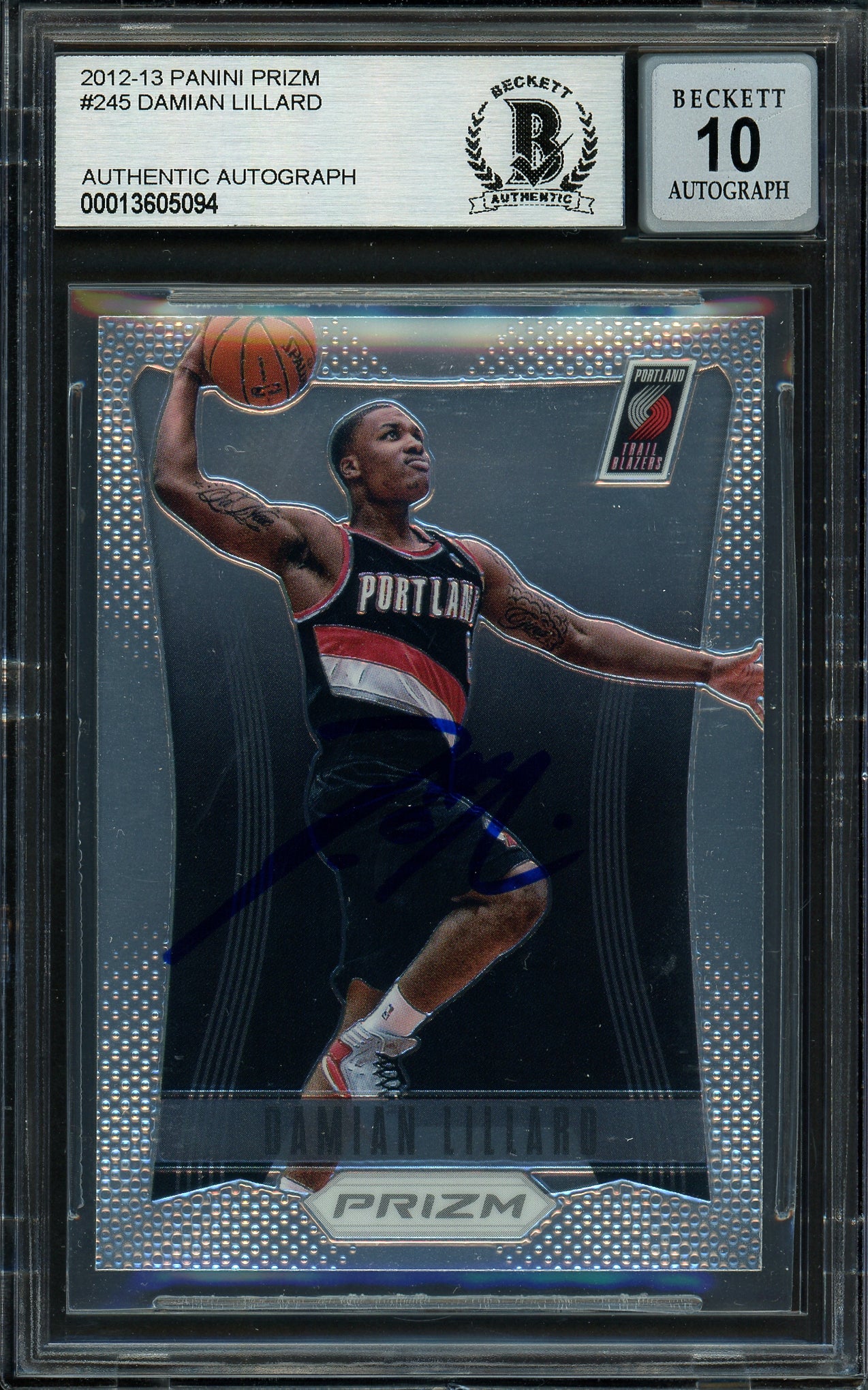 Damian Lillard Autographed 2012-13 Panini Prizm Rookie Card #245 Portland Trail Blazers Auto Grade Gem Mint 10 On Card Beckett BAS #13605094