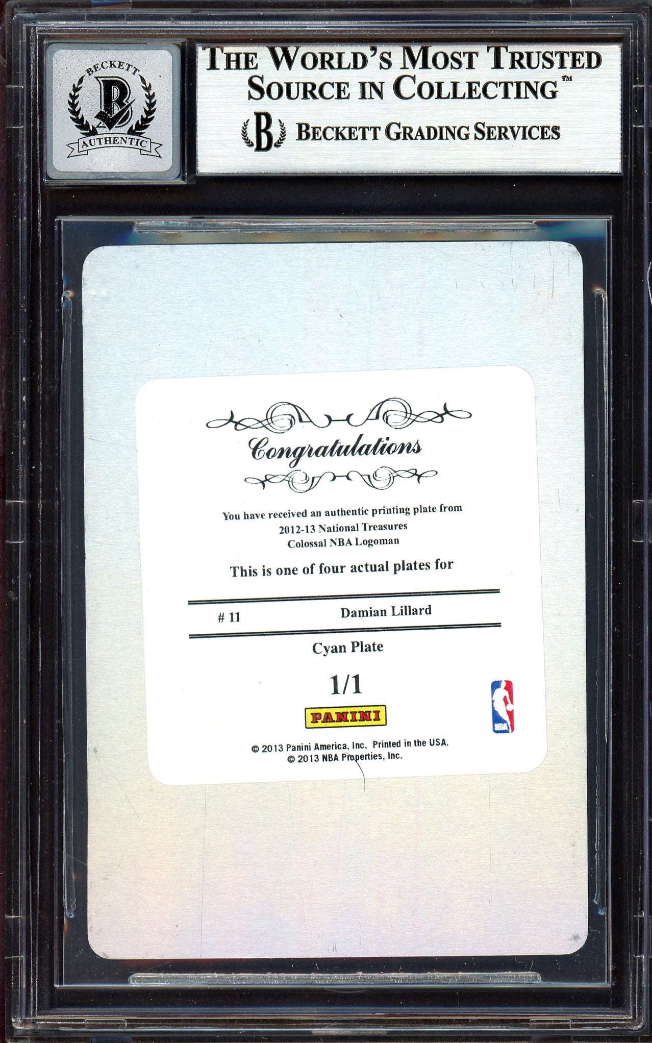 Damian Lillard Autographed 2012-13 Panini National Treasures Printing Plate 1/1 Rookie Card #11 Portland Trail Blazers Auto Grade Gem Mint 10 Colossal Logoman Beckett BAS #13605100