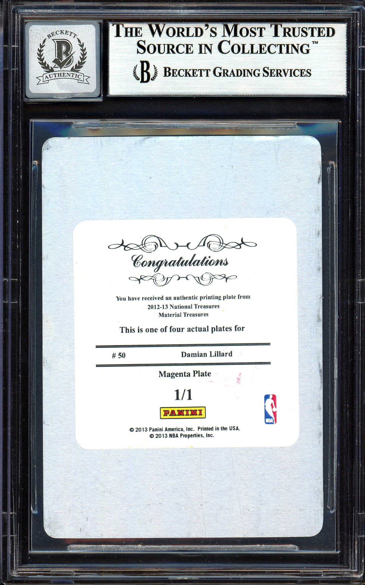 Damian Lillard Autographed 2012-13 Panini National Treasures Printing Plate 1/1 Rookie Card #50 Portland Trail Blazers Auto Grade Gem Mint 10 Majenta Beckett BAS #13605101