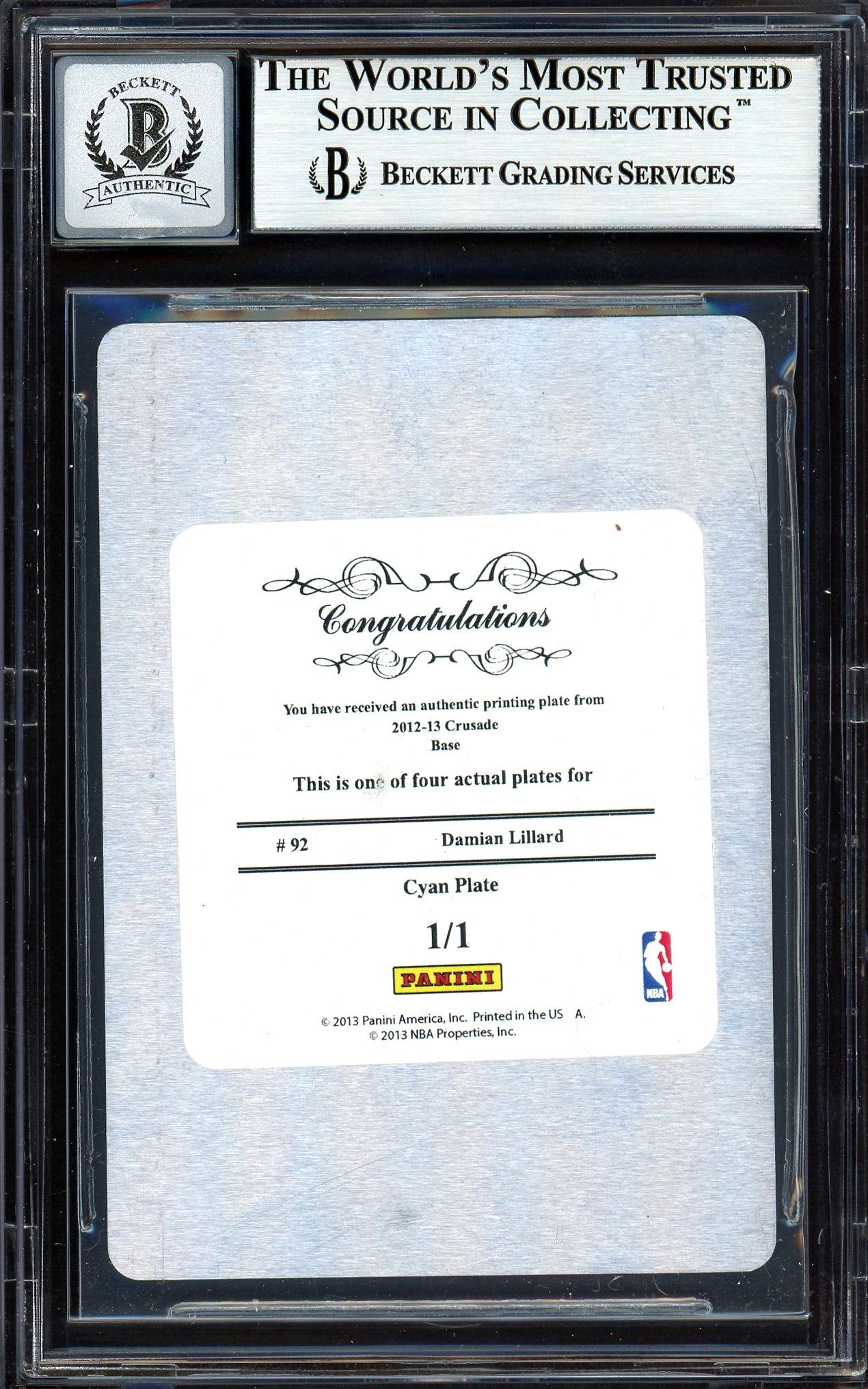 Damian Lillard Autographed 2012-13 Panini Crusade Printing Plate 1/1 Rookie Card #92 Portland Trail Blazers Auto Grade Gem Mint 10 Cyan Beckett BAS #13605103
