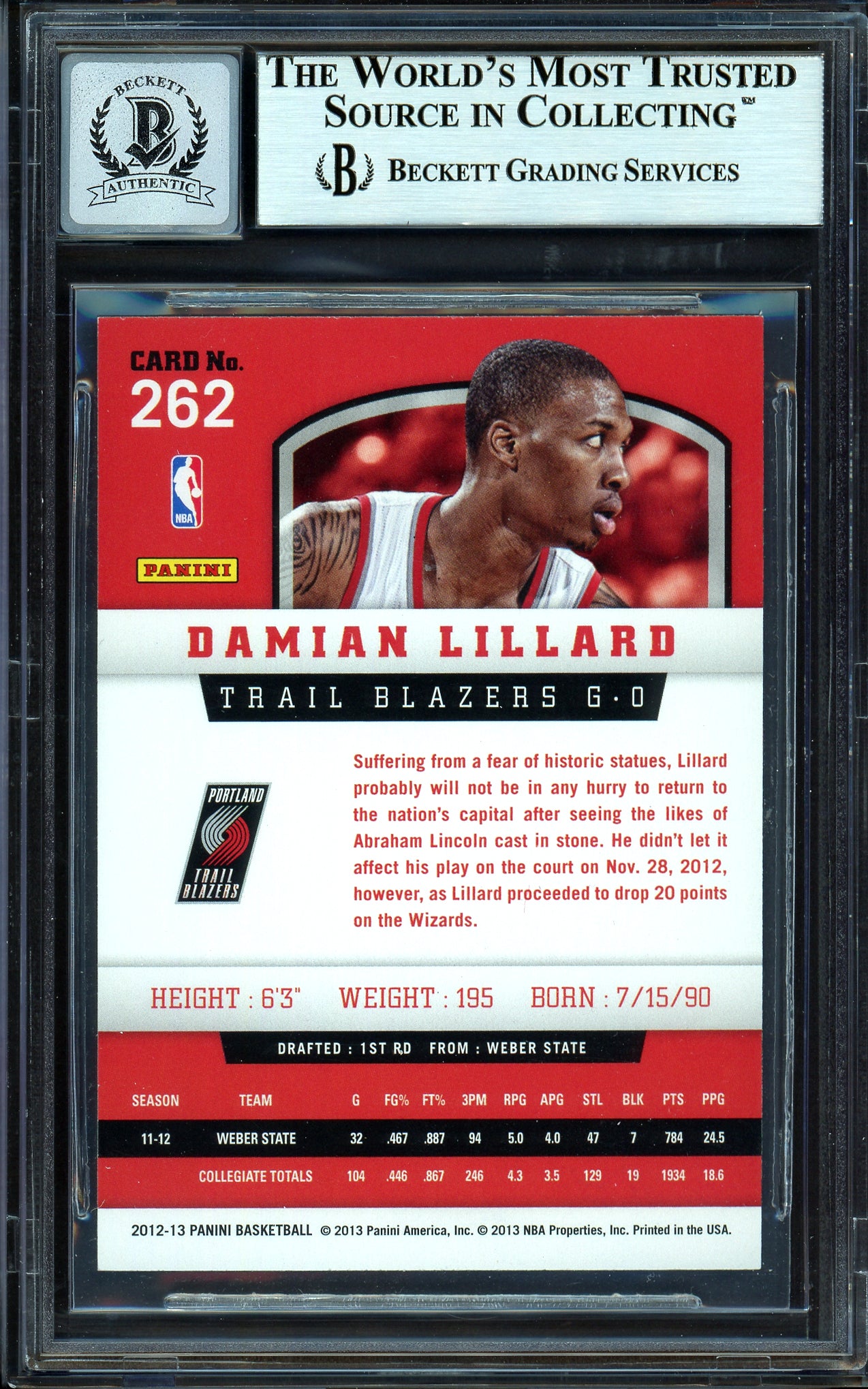 Damian Lillard Autographed 2012-13 Panini Rookie Card #262 Portland Trail Blazers Auto Grade Gem Mint 10 Beckett BAS #13605365