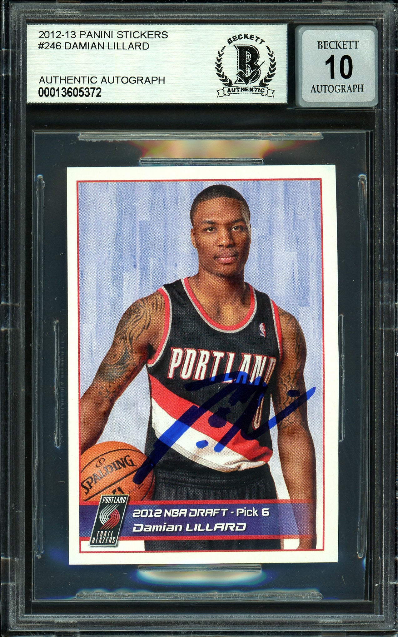 Damian Lillard Autographed 2012-13 Panini Stickers European Rookie Card #246 Portland Trail Blazers Auto Grade Gem Mint 10 Beckett BAS #13605372