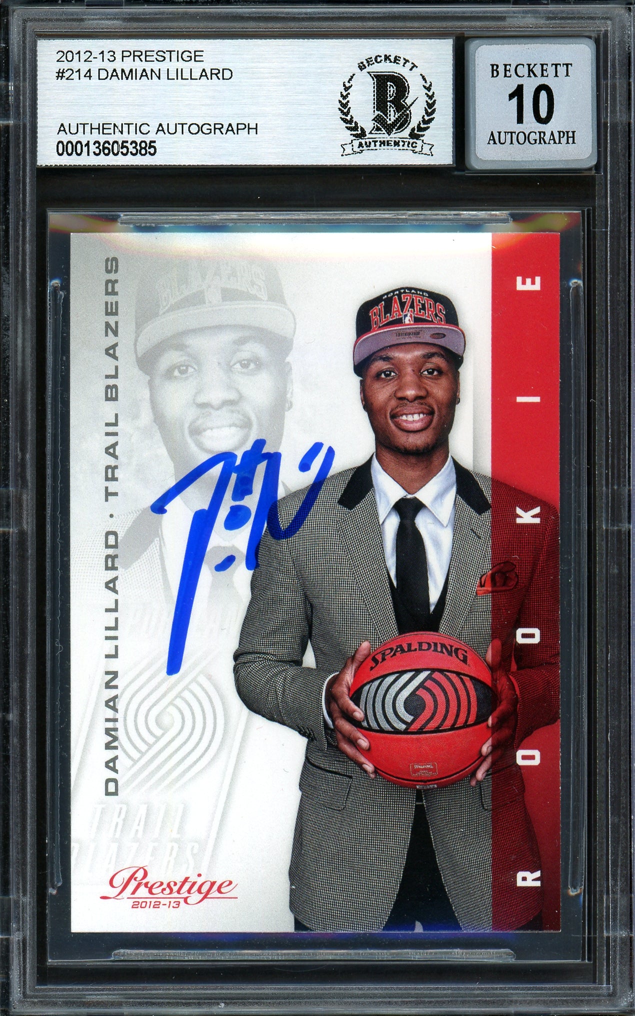 Damian Lillard Autographed 2012-13 Panini Prestige Rookie Card #214 Portland Trail Blazers Auto Grade Gem Mint 10 Beckett BAS #13605385