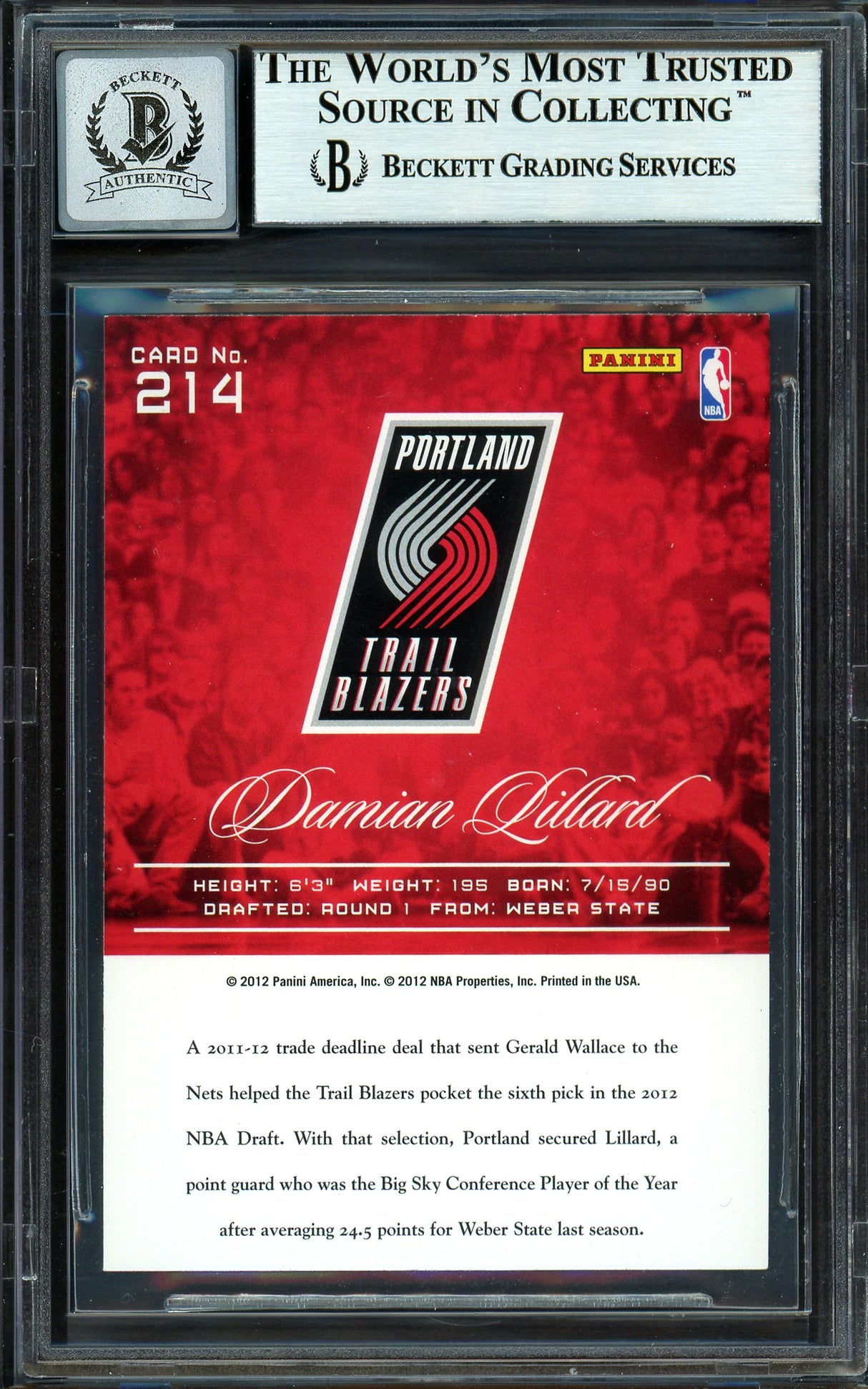 Damian Lillard Autographed 2012-13 Panini Prestige Rookie Card #214 Portland Trail Blazers Auto Grade Gem Mint 10 Beckett BAS #13605385