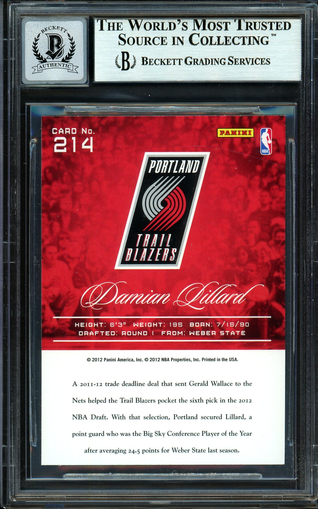 Damian Lillard Autographed 2012-13 Panini Prestige Rookie Card #214 Portland Trail Blazers Auto Grade Gem Mint 10 Beckett BAS #13605387