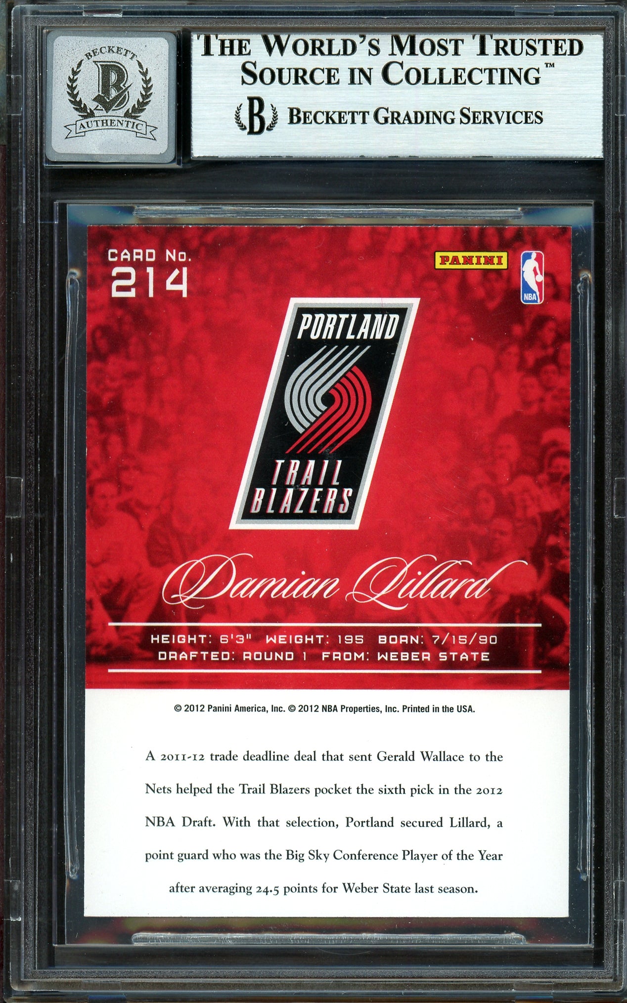 Damian Lillard Autographed 2012-13 Panini Prestige Rookie Card #214 Portland Trail Blazers Auto Grade Gem Mint 10 Beckett BAS #13605388