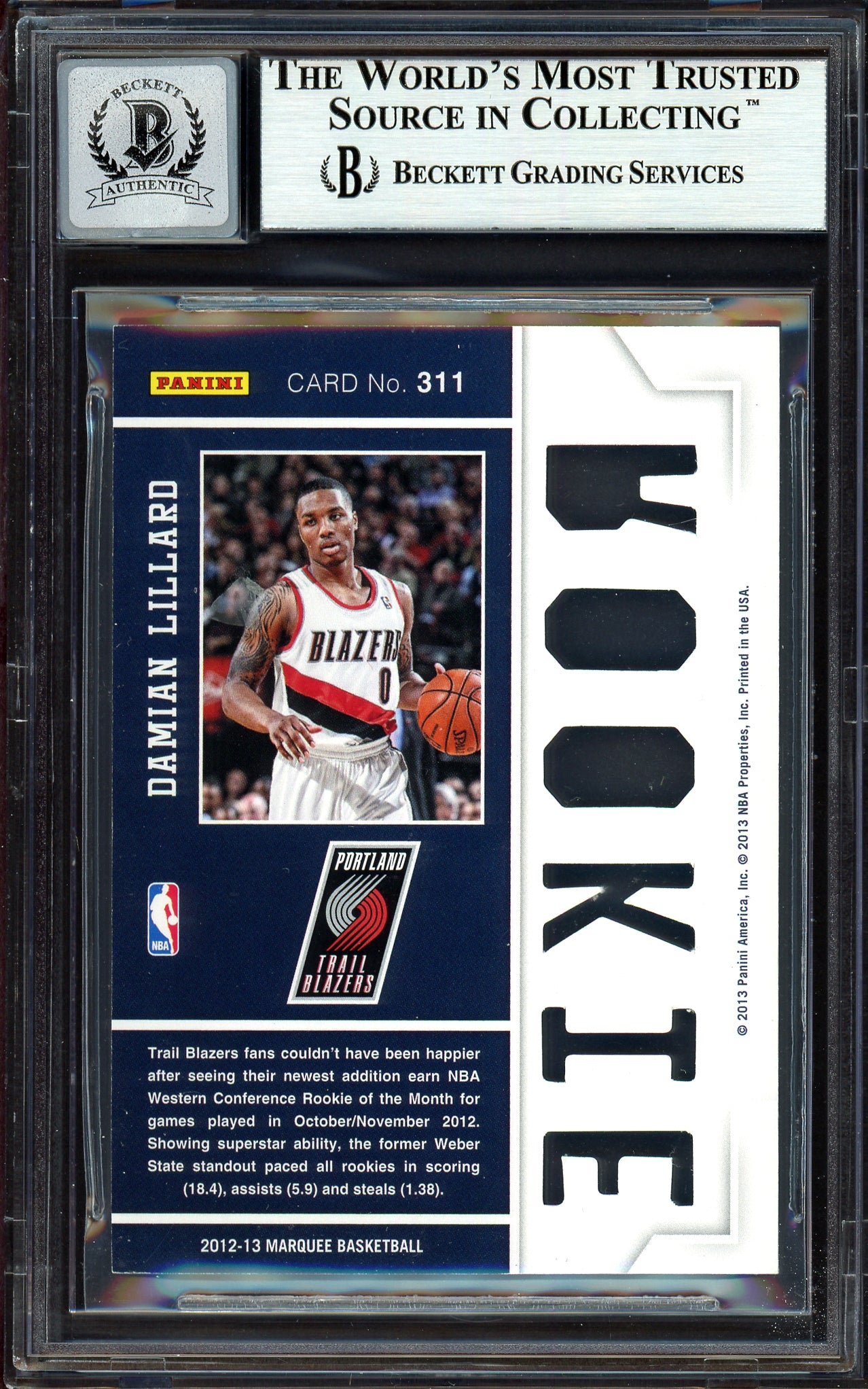 Damian Lillard Autographed 2012-13 Panini Marquee Rookie Card #311 Portland Trail Blazers Auto Grade Gem Mint 10 Beckett BAS #13605390