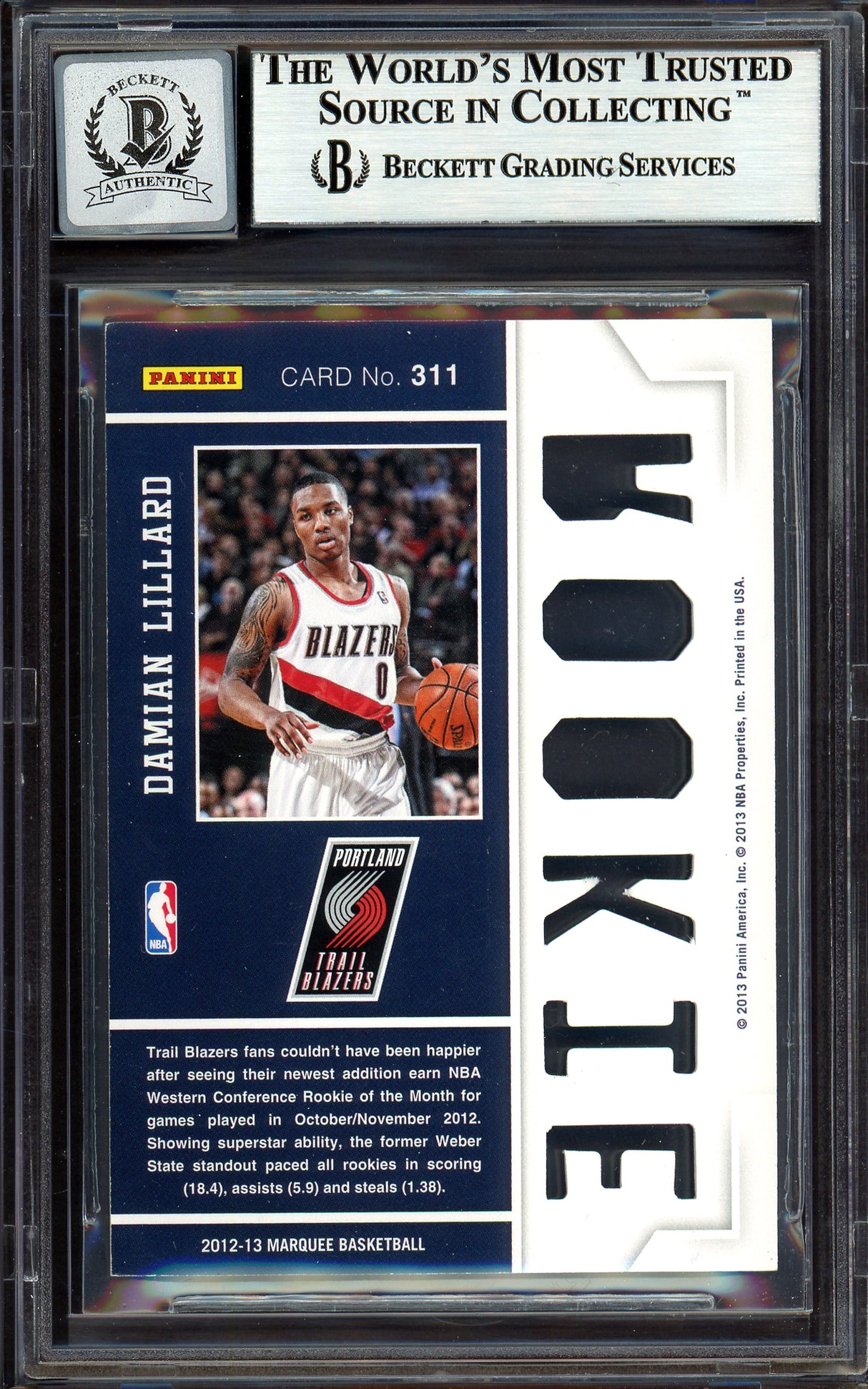 Damian Lillard Autographed 2012-13 Panini Marquee Rookie Card #311 Portland Trail Blazers Auto Grade Gem Mint 10 Beckett BAS #13605392
