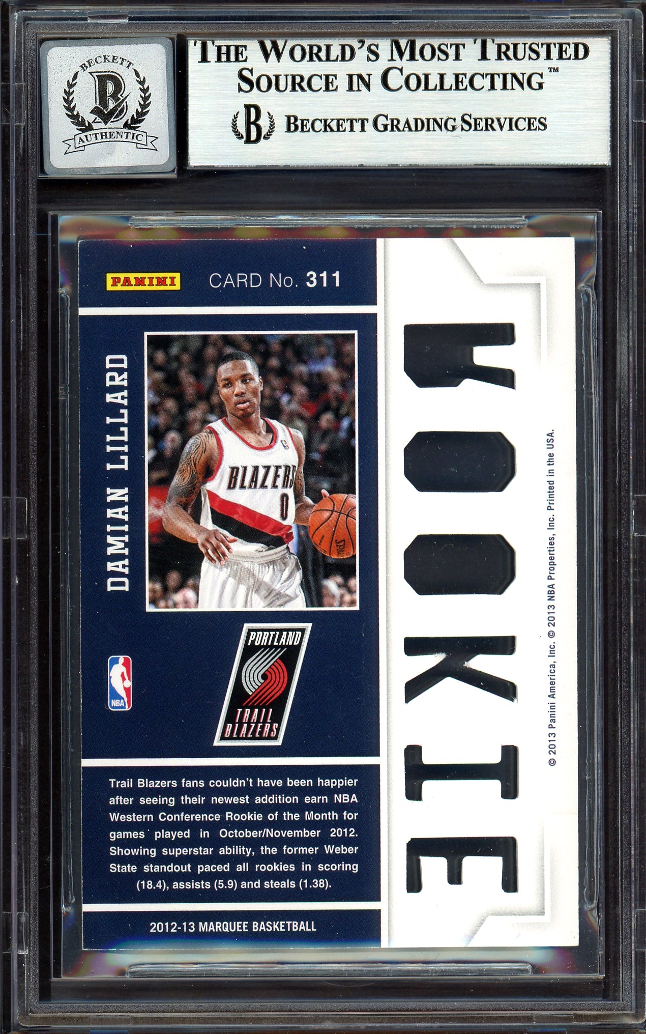 Damian Lillard Autographed 2012-13 Panini Marquee Rookie Card #311 Portland Trail Blazers Auto Grade Gem Mint 10 Beckett BAS #13605392