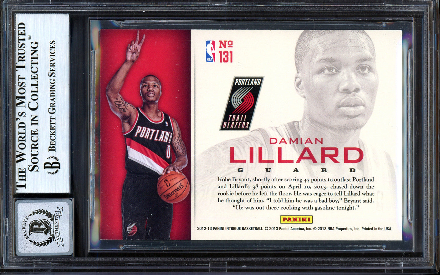 Damian Lillard Autographed 2012-13 Panini Intrigue Rookie Card #131 Portland Trail Blazers Auto Grade Gem Mint 10 Beckett BAS #13605400