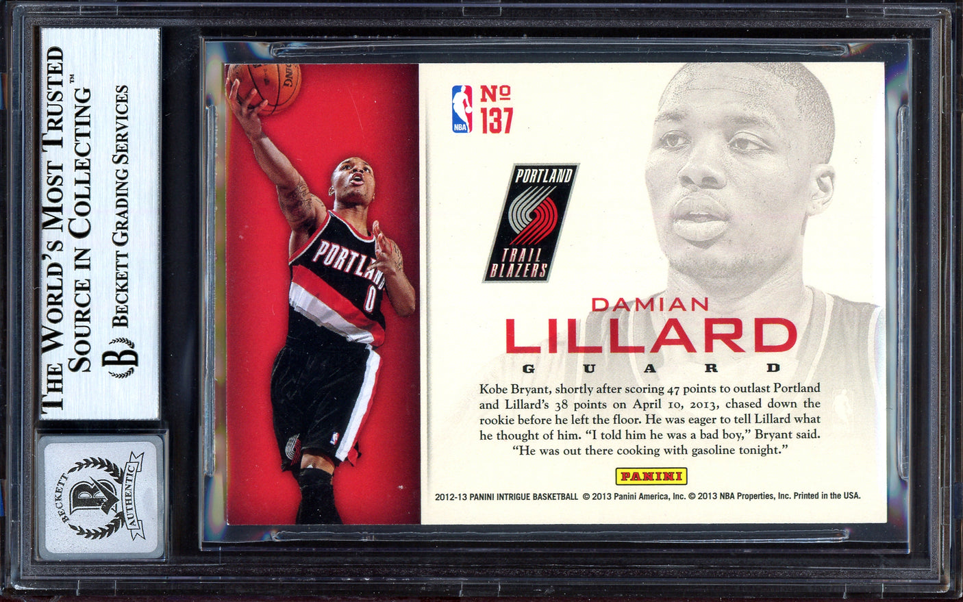 Damian Lillard Autographed 2012-13 Panini Intrigue Rookie Card #137 Portland Trail Blazers Auto Grade Gem Mint 10 Beckett BAS #13605408