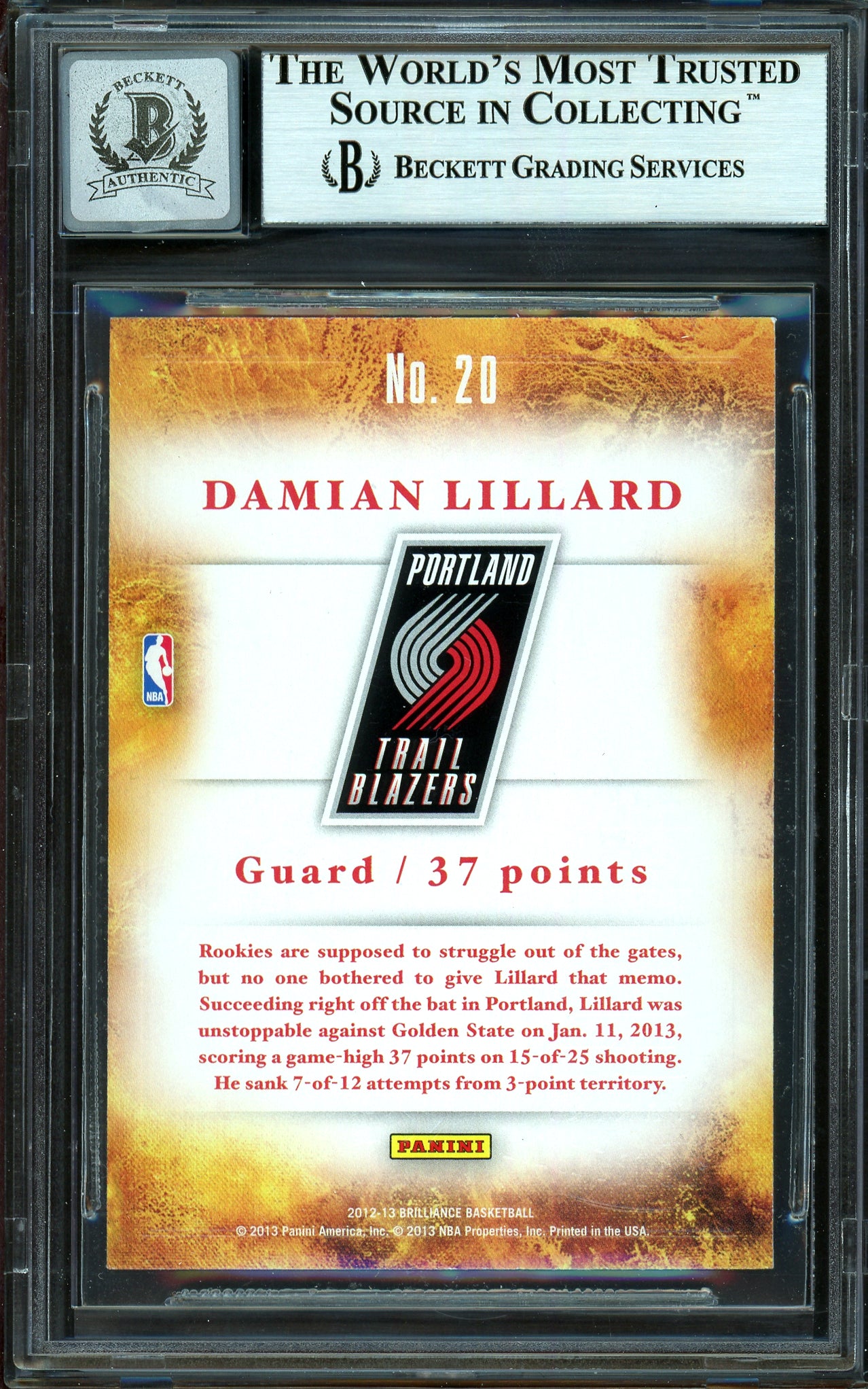 Damian Lillard Autographed 2012-13 Panini Brilliance Scorers Inc. Rookie Card #20 Portland Trail Blazers Auto Grade Gem Mint 10 Beckett BAS #13605499