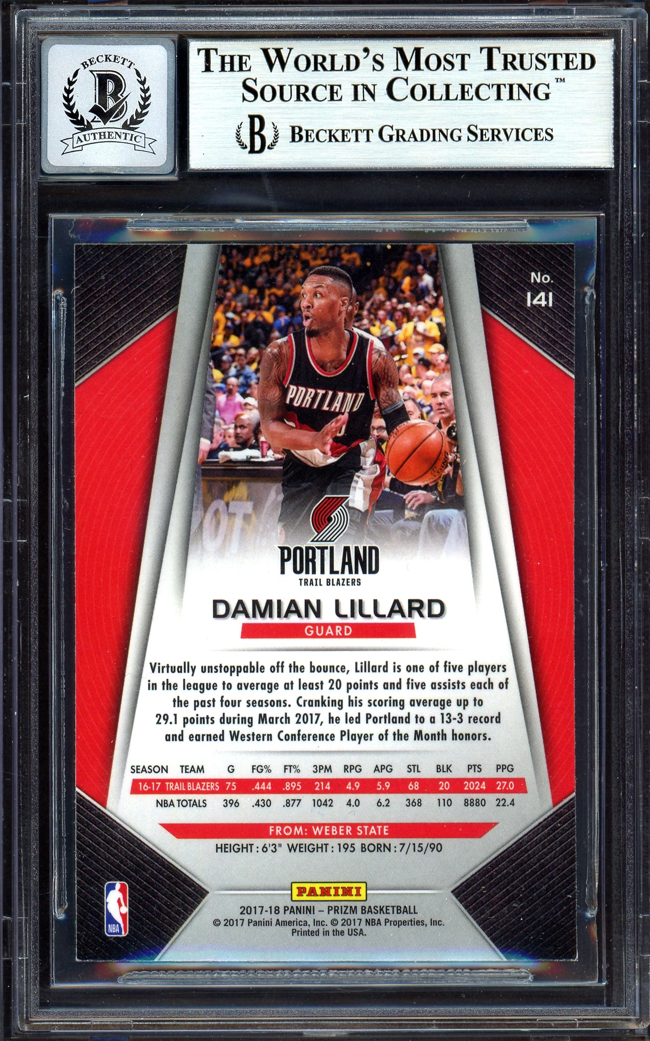 Damian Lillard Autographed 2017-18 Panini Prizm Card #141 Portland Trail Blazers Auto Grade Gem Mint 10 Beckett BAS Stock #199602