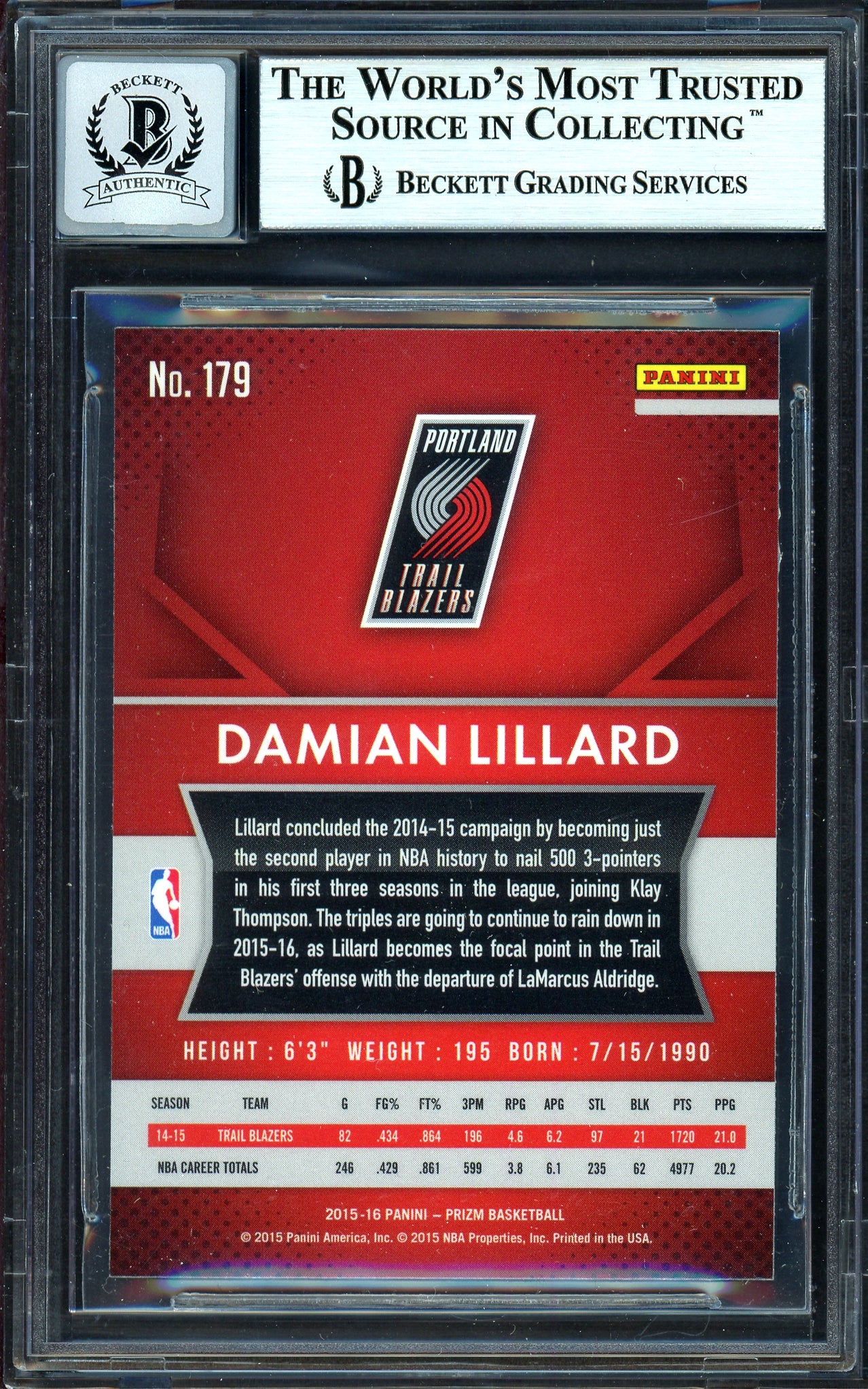 Damian Lillard Autographed 2015-16 Panini Prizm Card #179 Portland Trail Blazers Auto Grade Gem Mint 10 Beckett BAS Stock #199603