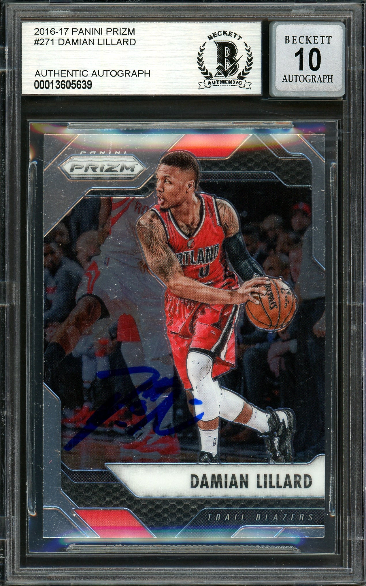 Damian Lillard Autographed 2016-17 Panini Prizm Card #271 Portland Trail Blazers Auto Grade Gem Mint 10 Beckett BAS #13605639