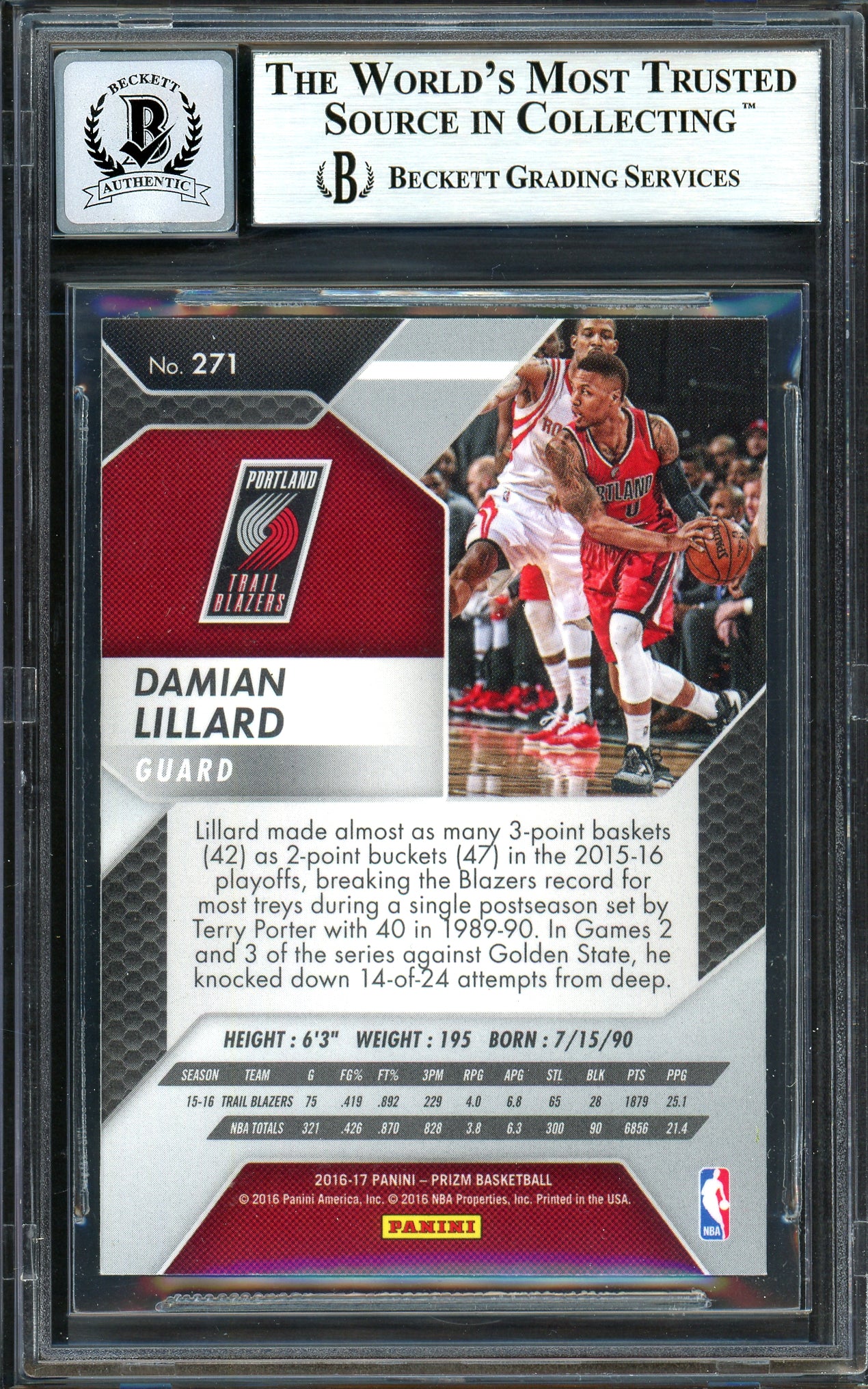 Damian Lillard Autographed 2016-17 Panini Prizm Card #271 Portland Trail Blazers Auto Grade Gem Mint 10 Beckett BAS #13605639