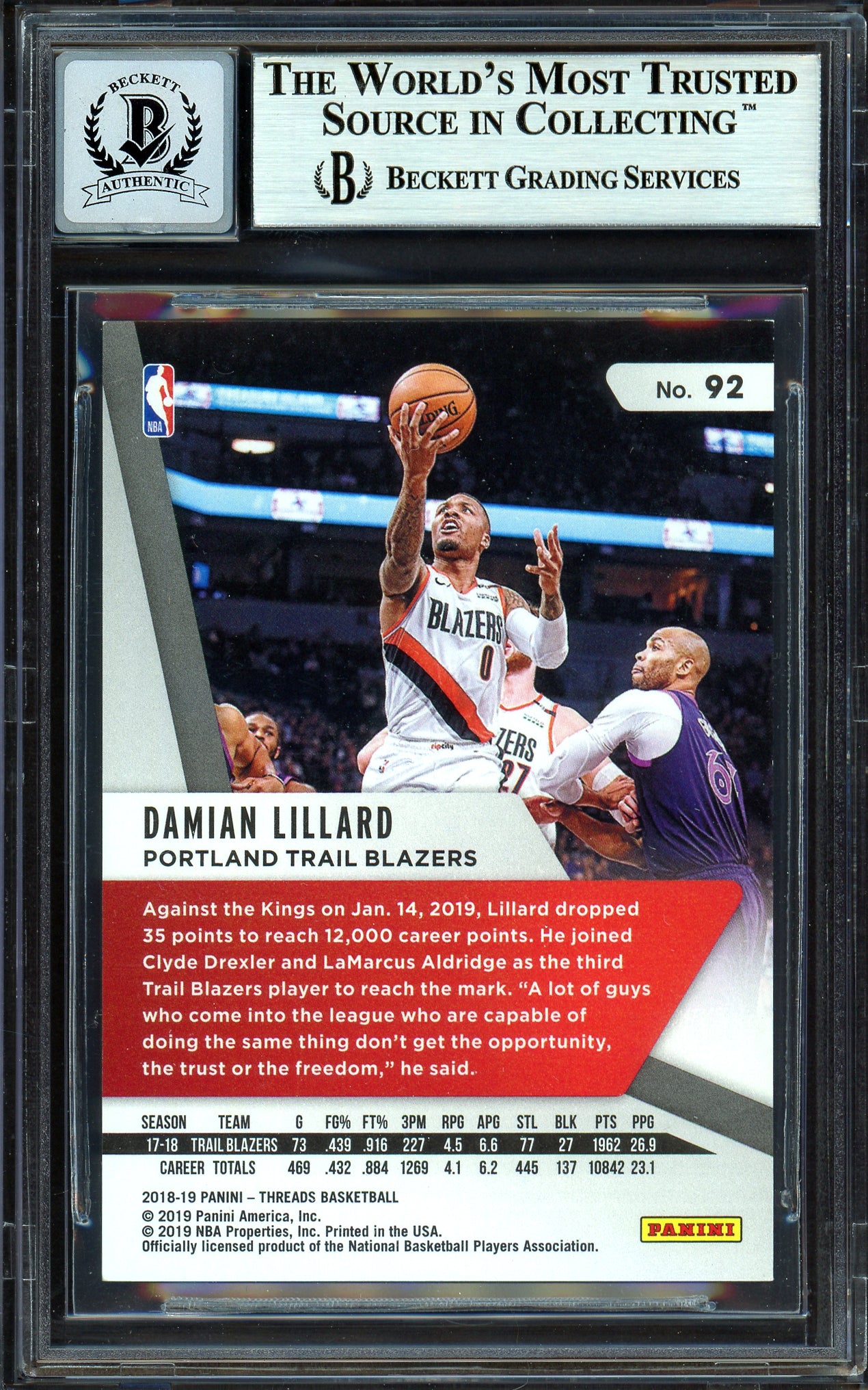 Damian Lillard Autographed 2018-19 Panini Threads Card #92 Portland Trail Blazers Auto Grade Gem Mint 10 #51/75 Beckett BAS #13605652