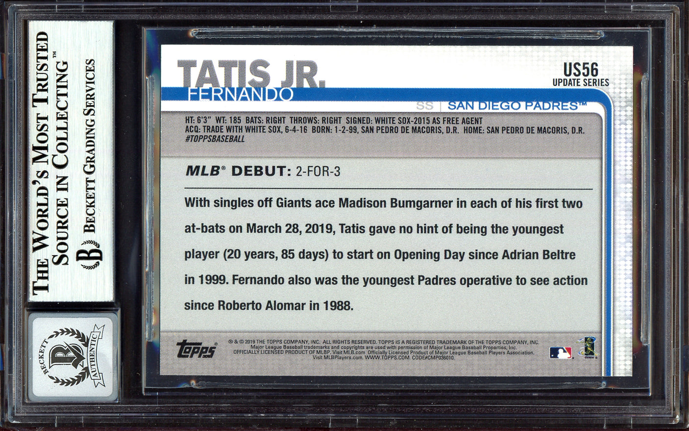 Fernando Tatis Jr. Autographed 2019 Topps Update Rainbow Foil Rookie Card #US56 San Diego Padres Auto Grade Gem Mint 10 Beckett BAS #13605908