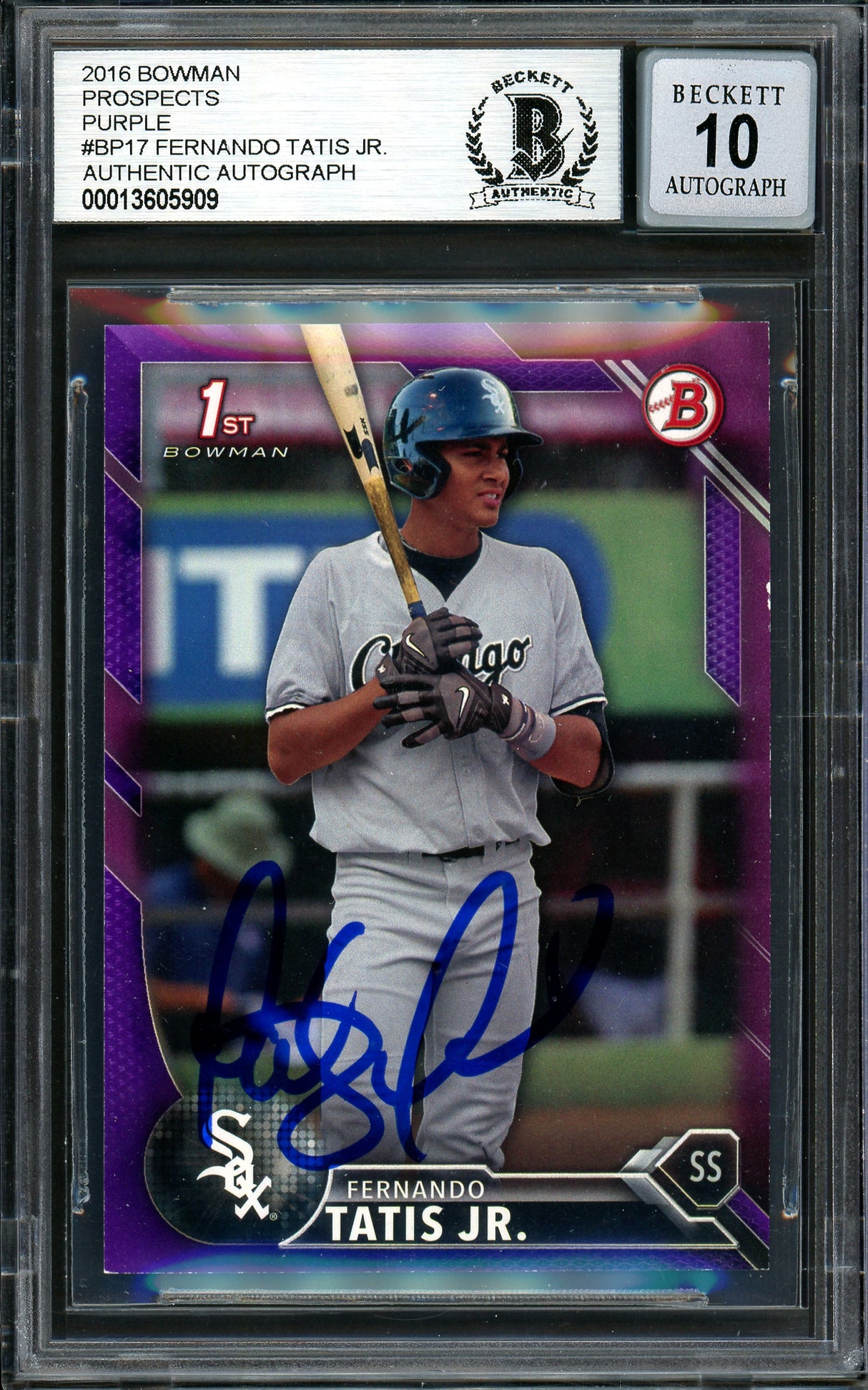 Fernando Tatis Jr. Autographed 2016 Bowman Purple Paper Rookie Card #BP17 San Diego Padres Auto Grade Gem Mint 10 #161/250 Beckett BAS #13605909