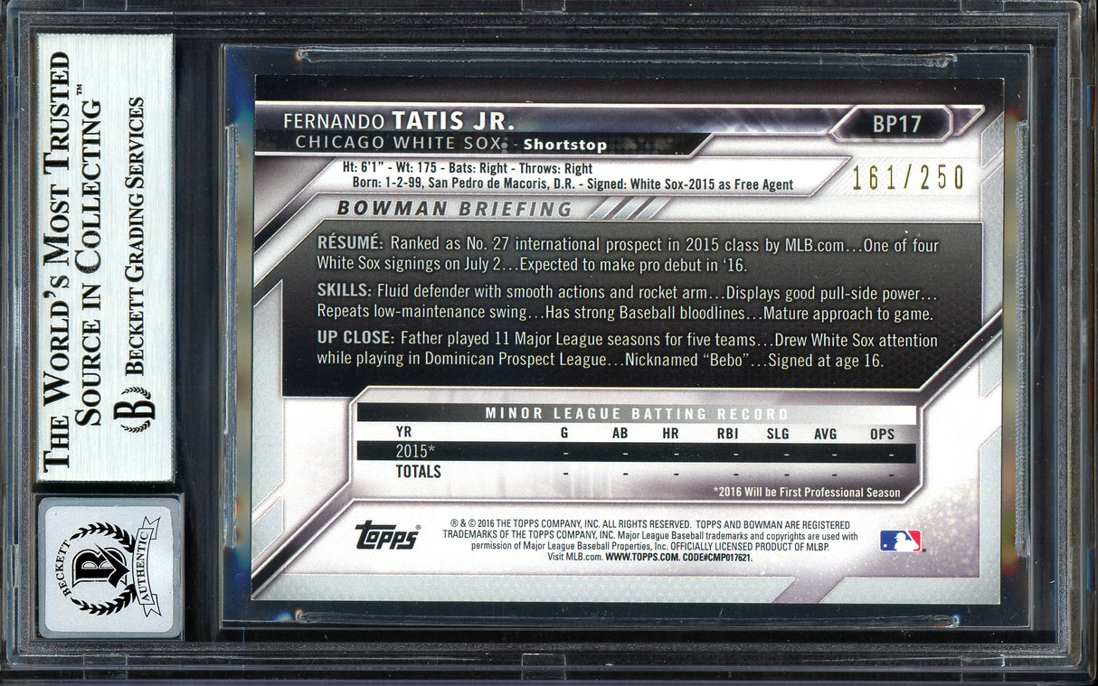Fernando Tatis Jr. Autographed 2016 Bowman Purple Paper Rookie Card #BP17 San Diego Padres Auto Grade Gem Mint 10 #161/250 Beckett BAS #13605909