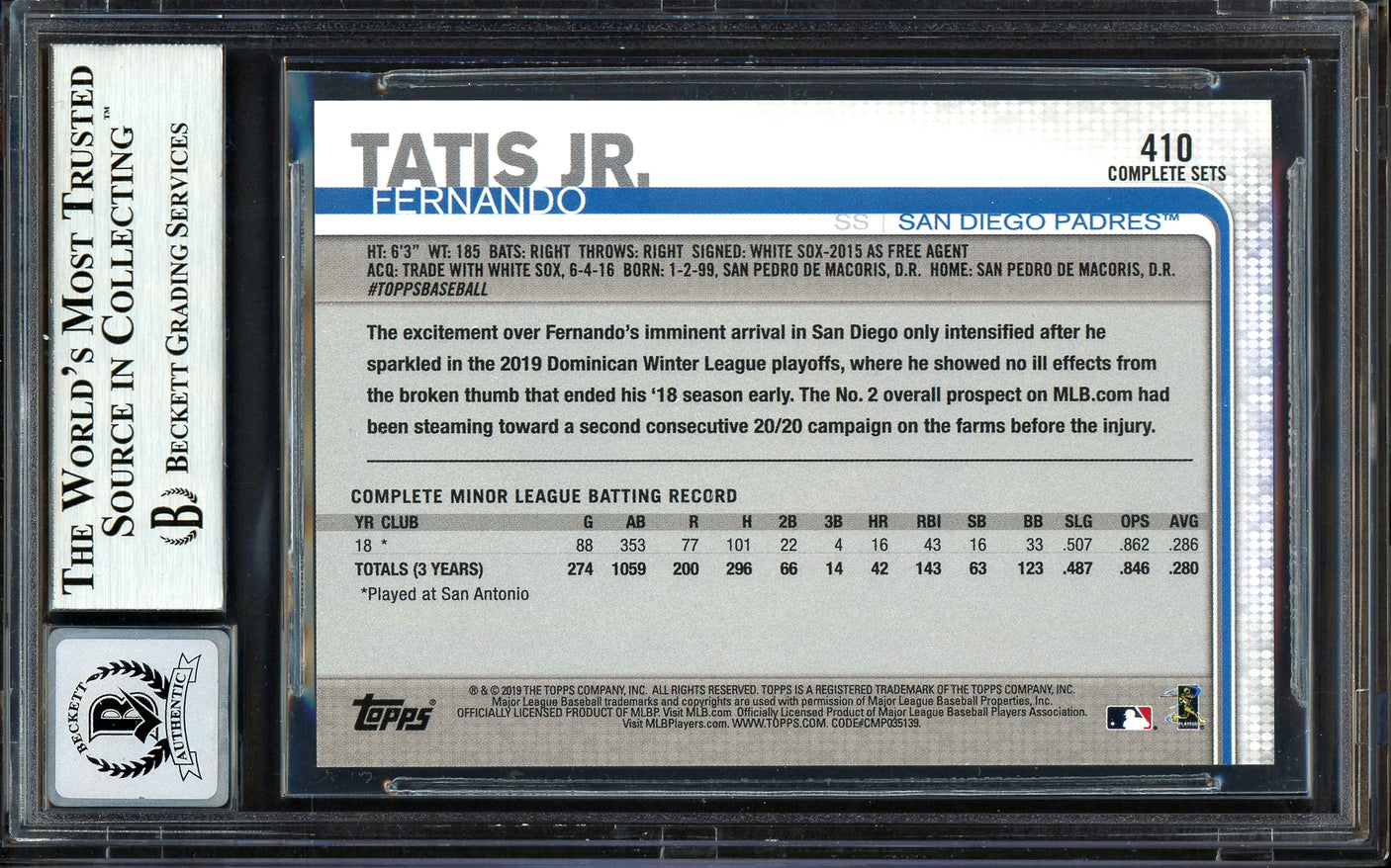 Fernando Tatis Jr. Autographed 2019 Topps Complete Set Rookie Card #410 San Diego Padres Auto Grade Gem Mint 10 Beckett BAS #13606465