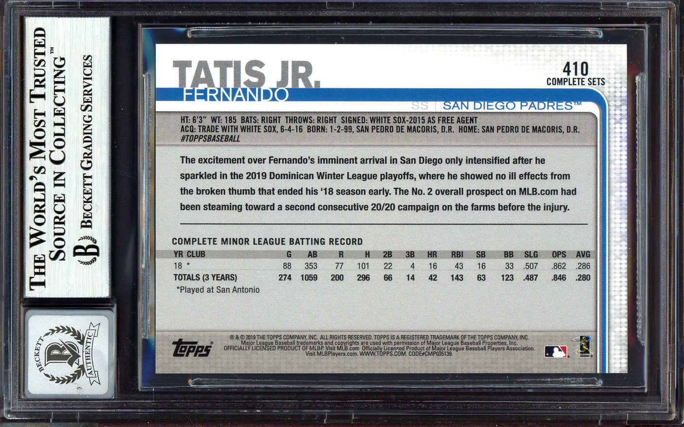 Fernando Tatis Jr. Autographed 2019 Topps Complete Set Rookie Card #410 San Diego Padres Auto Grade Gem Mint 10 Beckett BAS #13606467