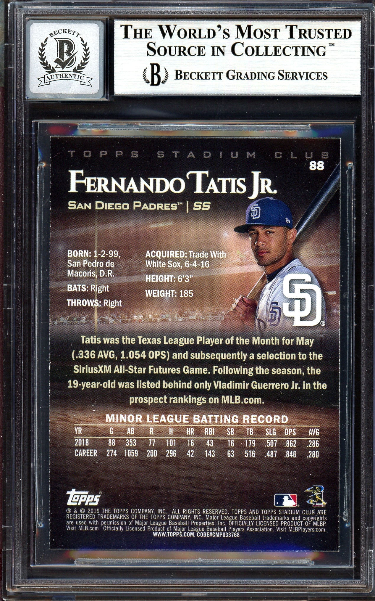 Fernando Tatis Jr. Autographed 2019 Stadium Club Rookie Card #88 San Diego Padres Auto Grade Gem Mint 10 Beckett BAS #13606473