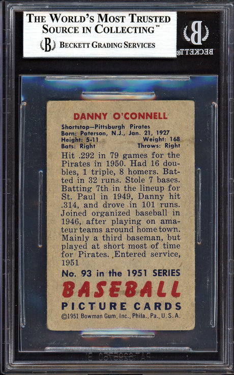 Danny O'Connell Autographed 1951 Bowman Rookie Card #93 Pittsburgh Pirates Beckett BAS #13608015