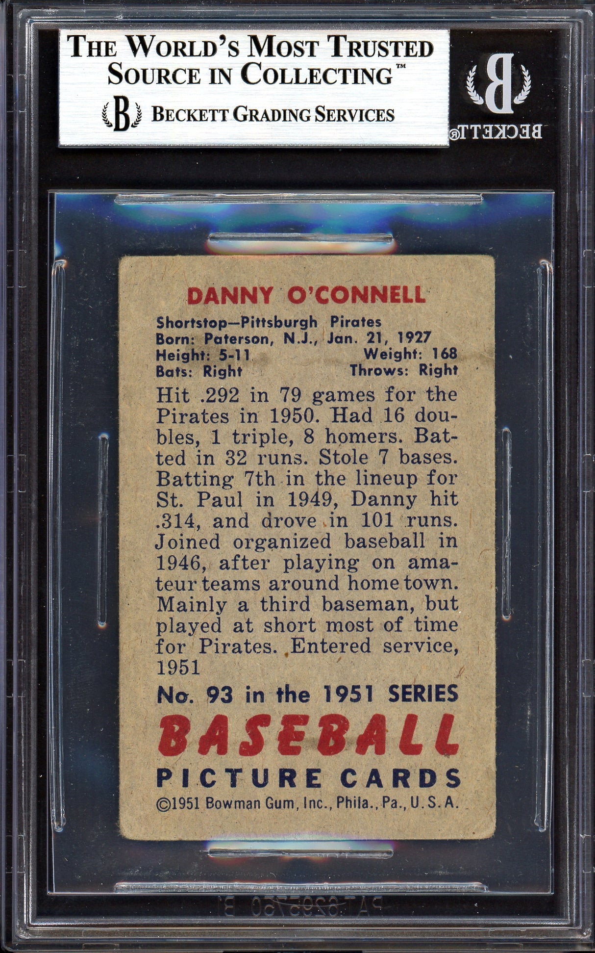 Danny O'Connell Autographed 1951 Bowman Rookie Card #93 Pittsburgh Pirates Beckett BAS #13608015