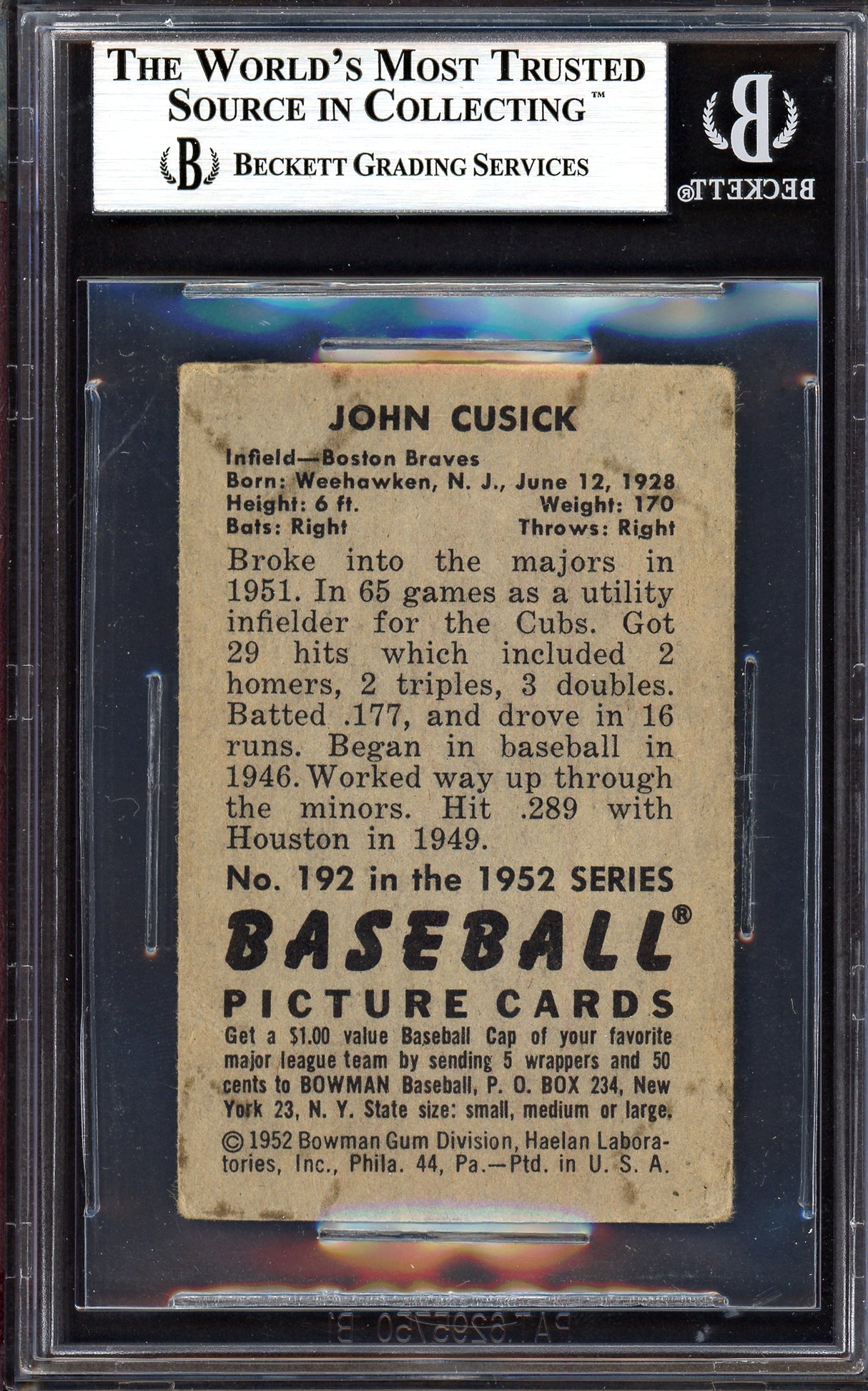 John Cusick Autographed 1952 Bowman Card #192 Boston Braves Beckett BAS #13608020